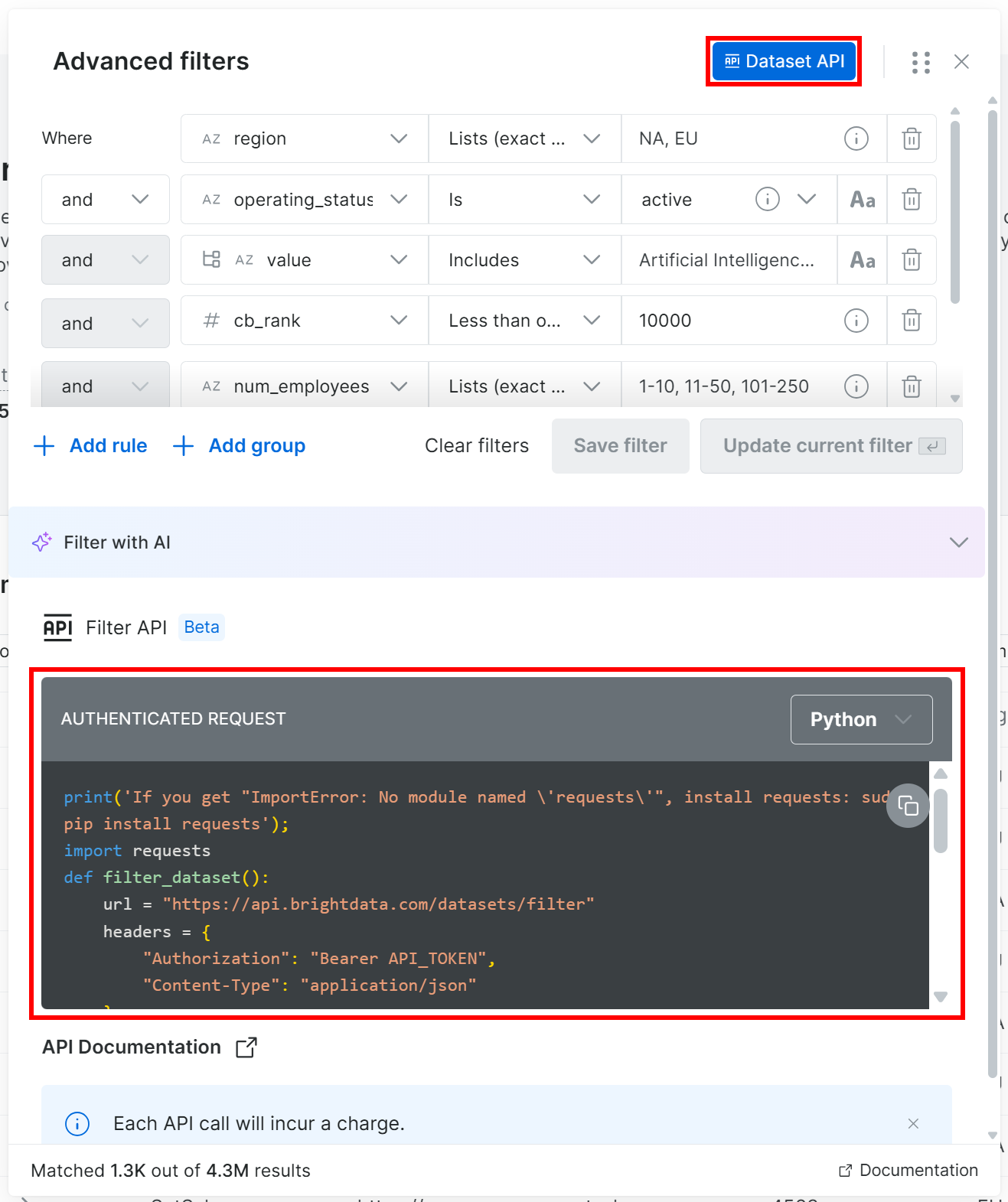 Getting a Python snippet to call the Filter API