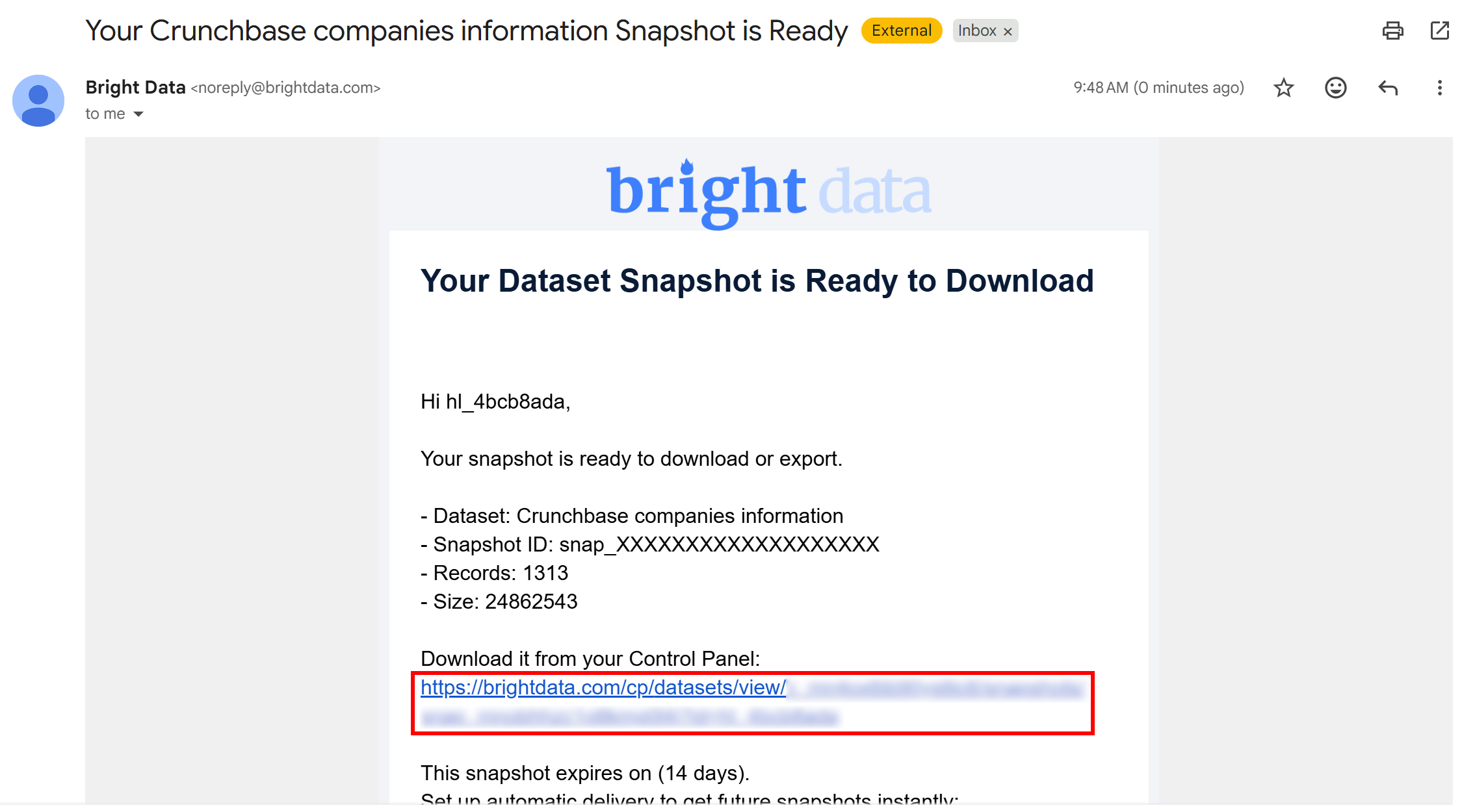 Note the URL for accessing the snapshot in the Bright Data control panel