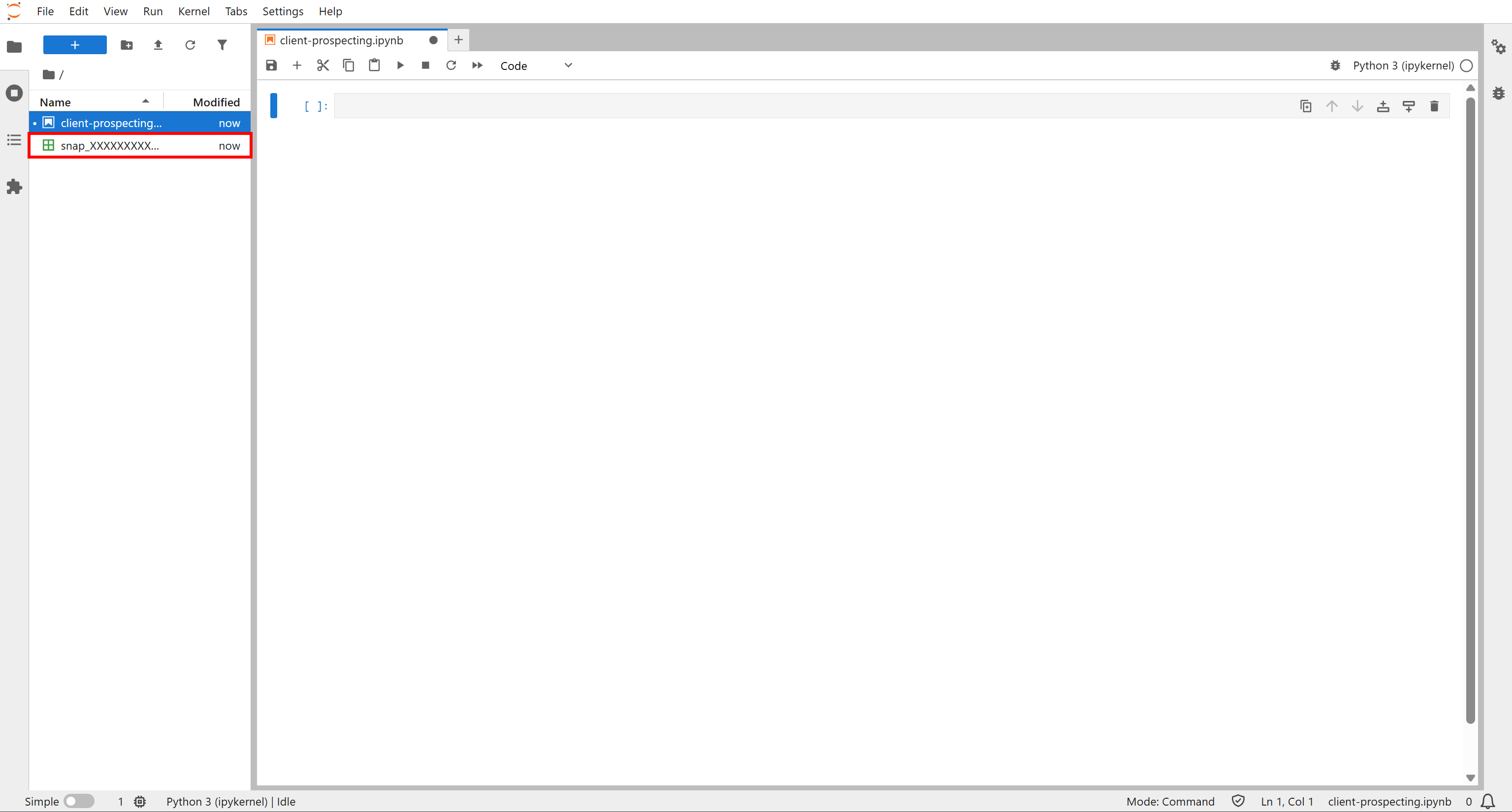 Note the “snap_XXXXXXXXXXXXXXXXXXX.csv” file in the files available to the notebook