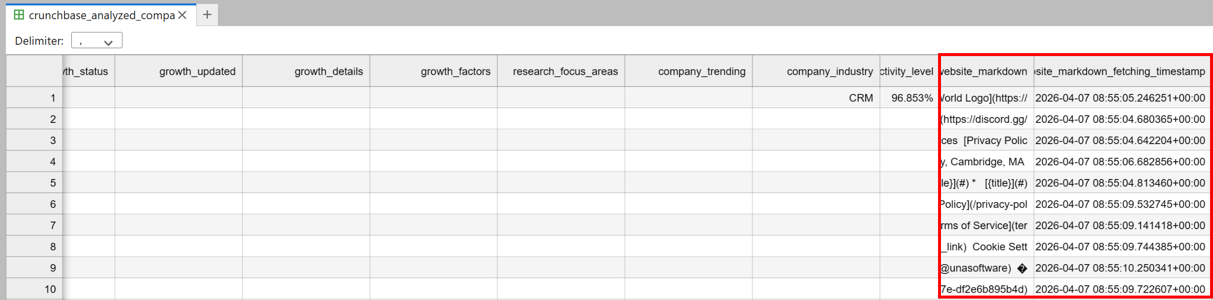 Note the additional “website_markdown” and “website_markdown_fetching_timestamp” columns
