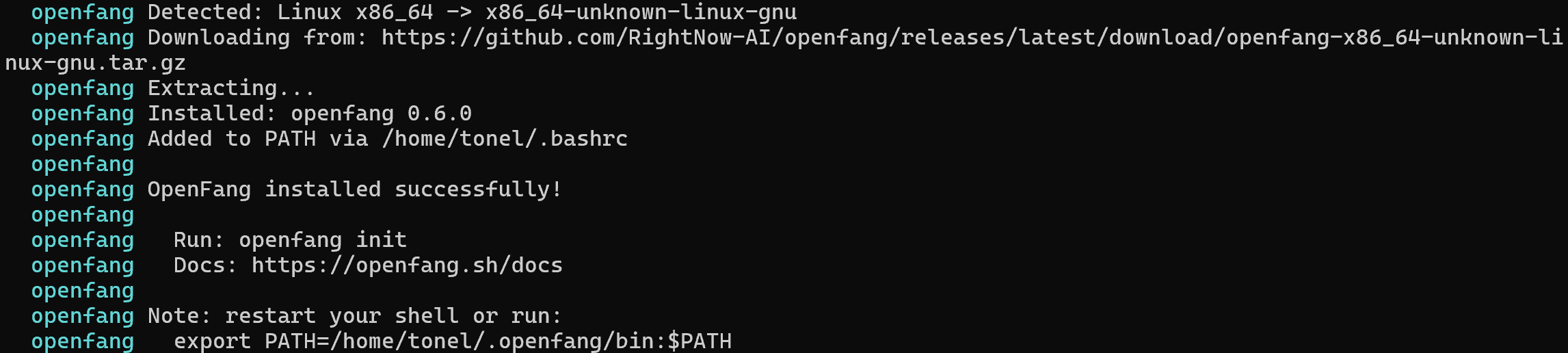 The output produced by the OpenFang installation script