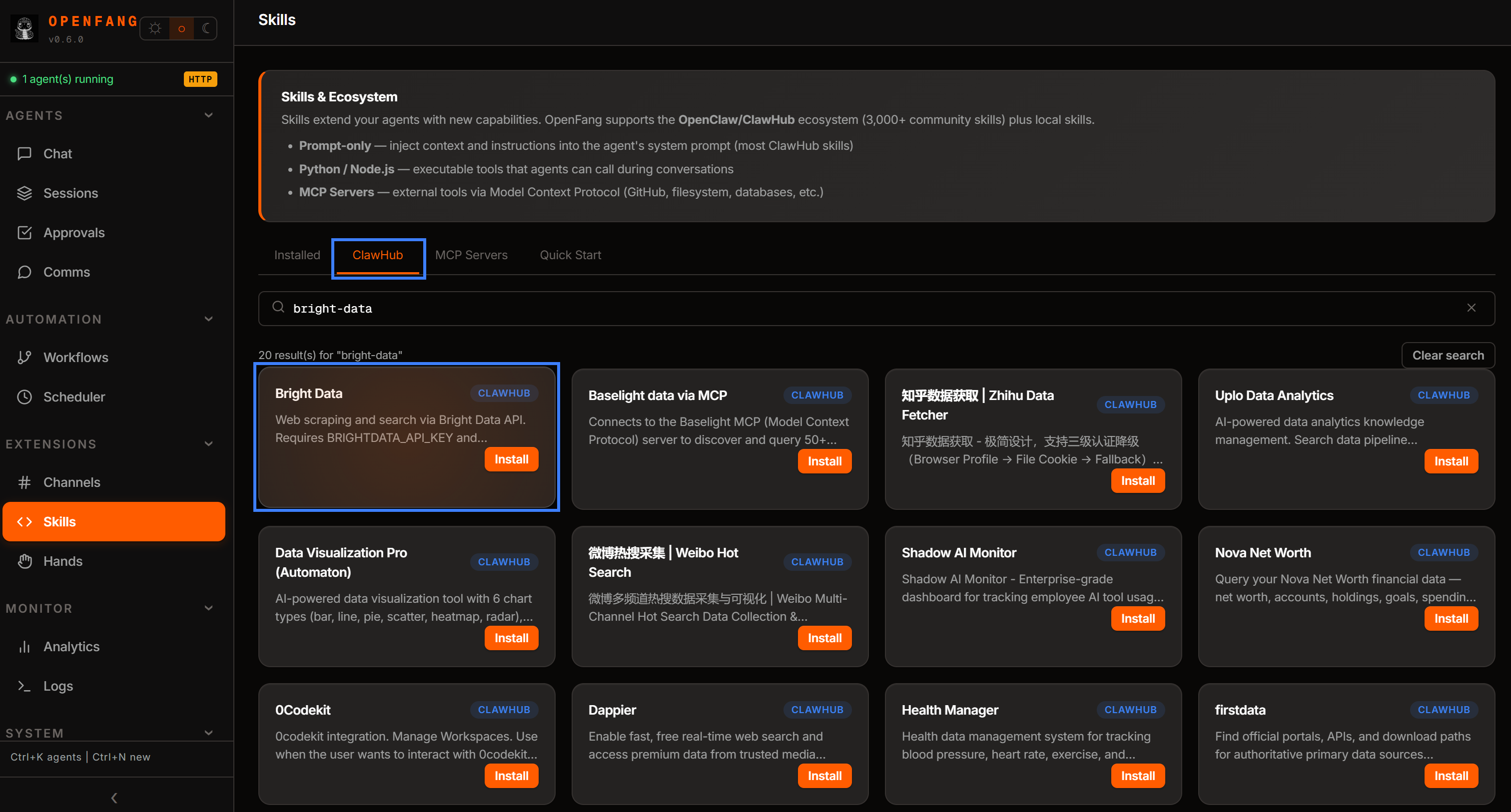 Selecting the “Bright Data” OpenClaw skills