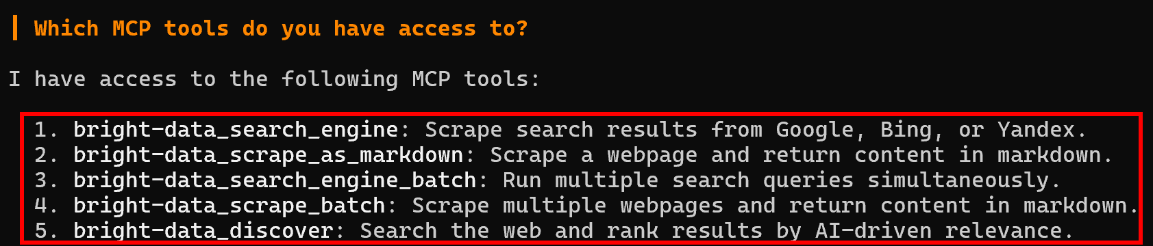 Note the five tools available in the Web MCP free tier