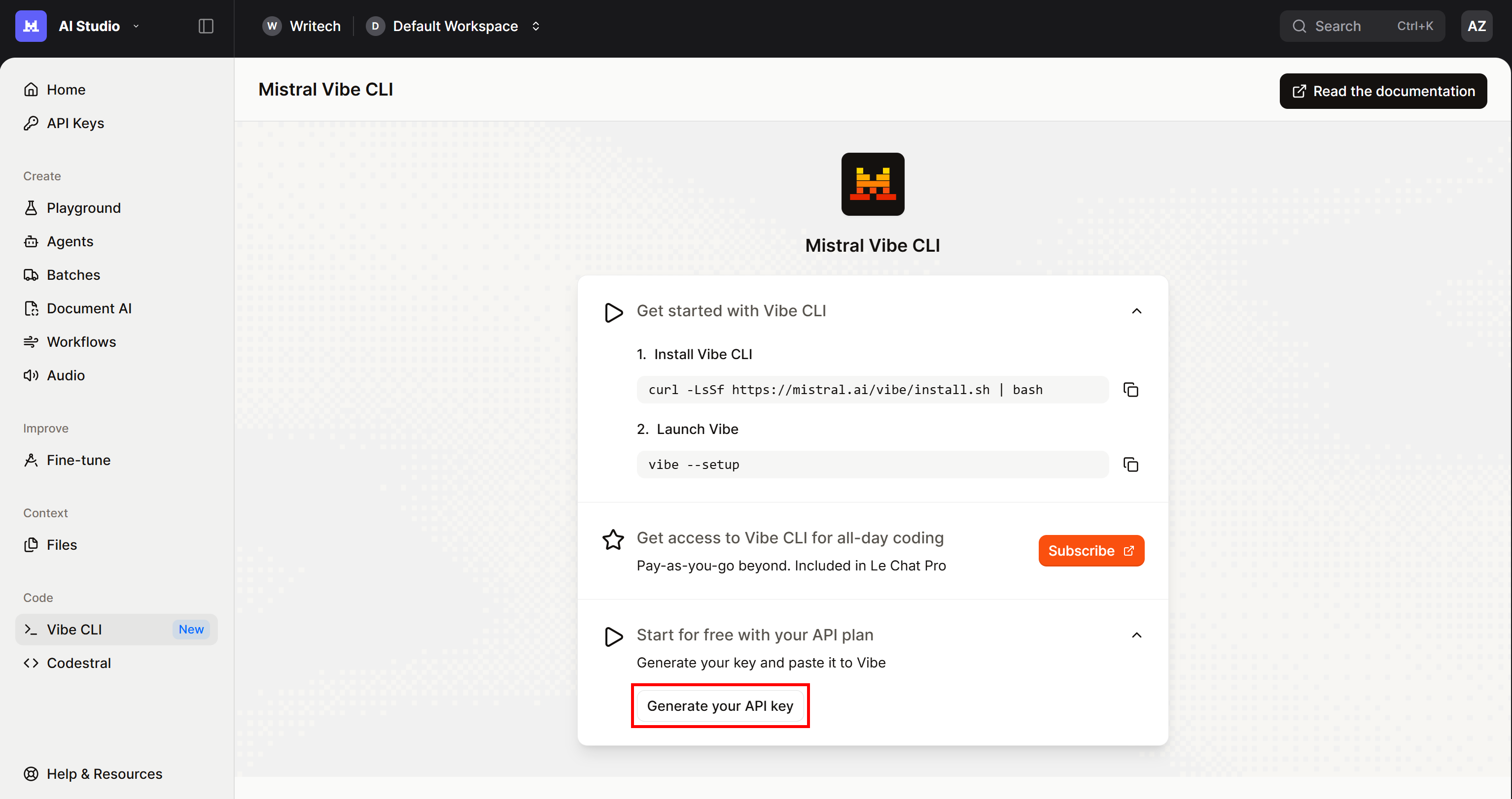 Pressing the “Generate your API key” button