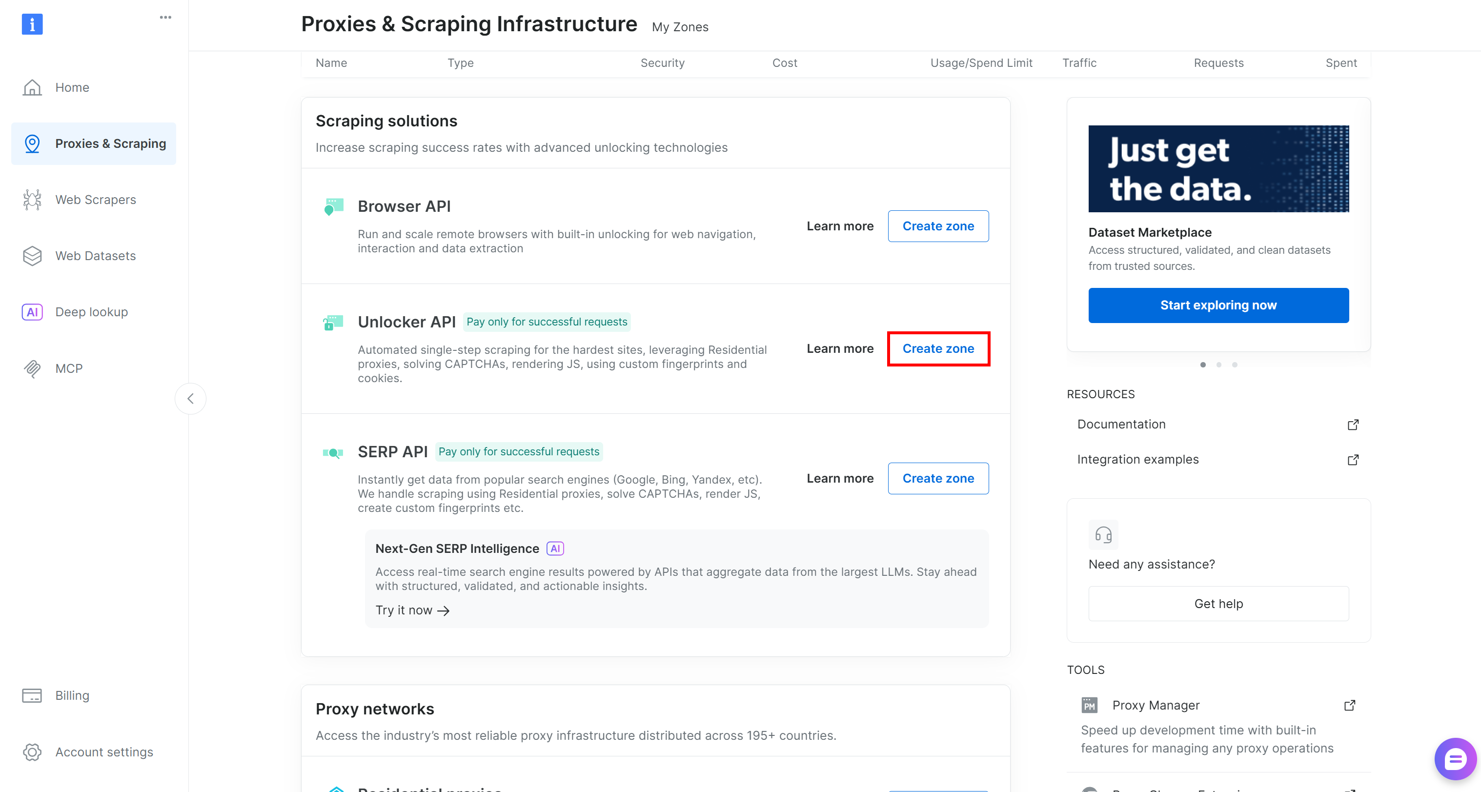 Pressing the “Create zone” button