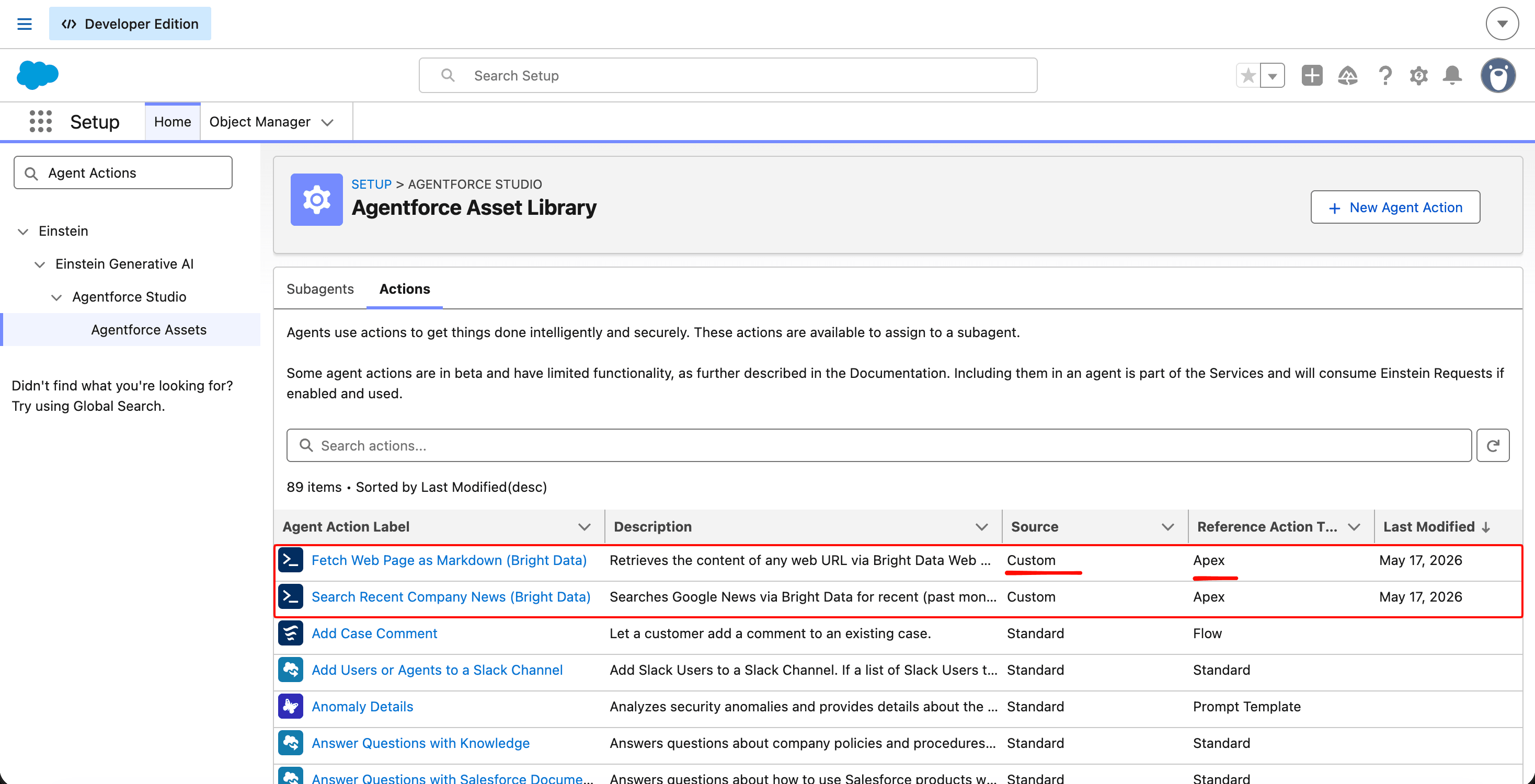 Salesforce Agentforce Asset Library showing the Actions tab with two custom Bright Data actions at the top of the list (Fetch Web Page as Markdown and Search Recent Company News, both Source: Custom, Reference Type: Apex), interleaved with standard actions from the Employee template