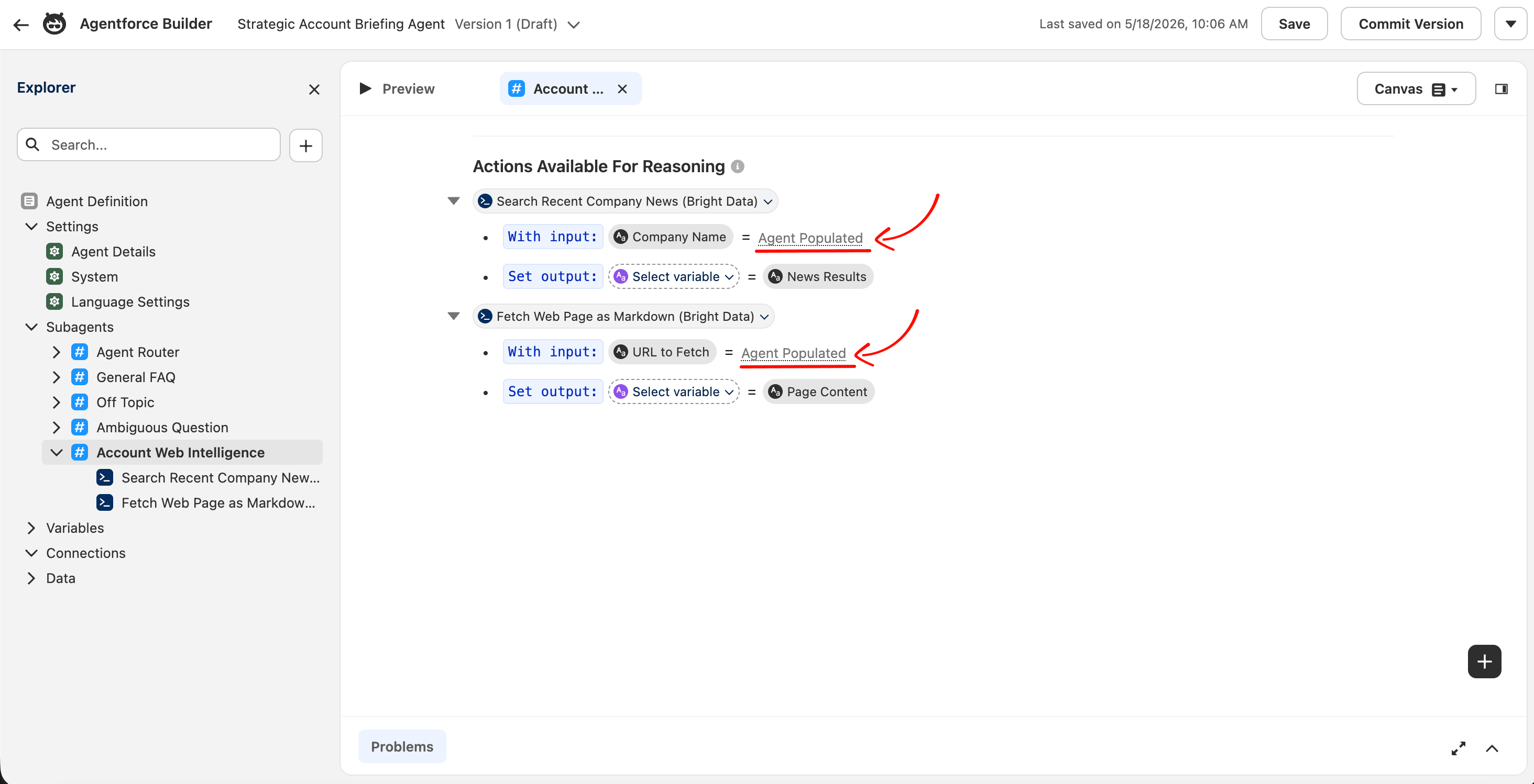 Agentforce Builder showing the Account Web Intelligence subagent's Actions Available For Reasoning section with both Bright Data actions attached: Search Recent Company News (Bright Data) with `With input: Company Name = Agent Populated` and Fetch Web Page as Markdown (Bright Data) with `With input: URL to Fetch = Agent Populated`