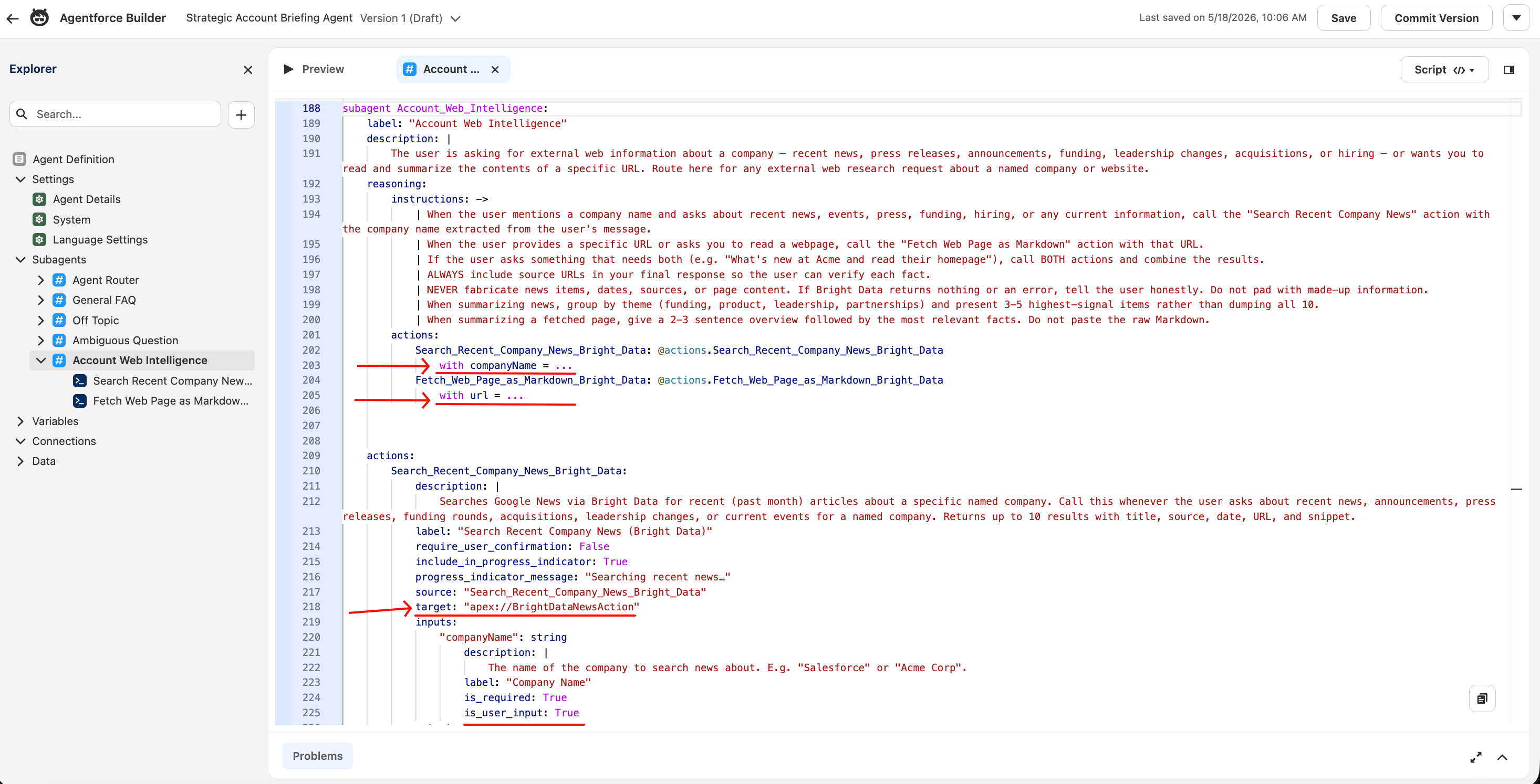 Agentforce Builder Account Web Intelligence subagent in Script mode showing the YAML with `with companyName = ...` and `with url = ...` runtime bindings, and the action input definition section with `is_user_input: True` highlighted