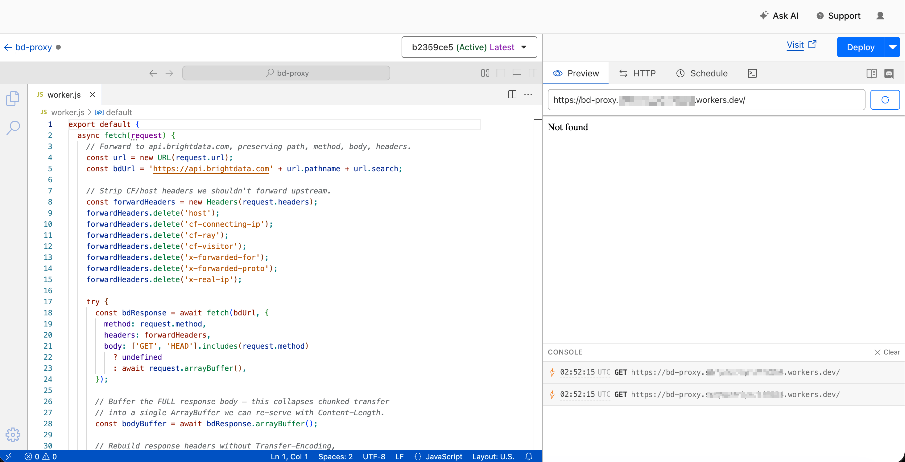 Cloudflare Worker code editor showing the bd-proxy worker.js file, with the buffering logic (`const bodyBuffer = await bdResponse.arrayBuffer()`) and the Content-Length header rewrite visible. Status indicator shows the Worker is Active