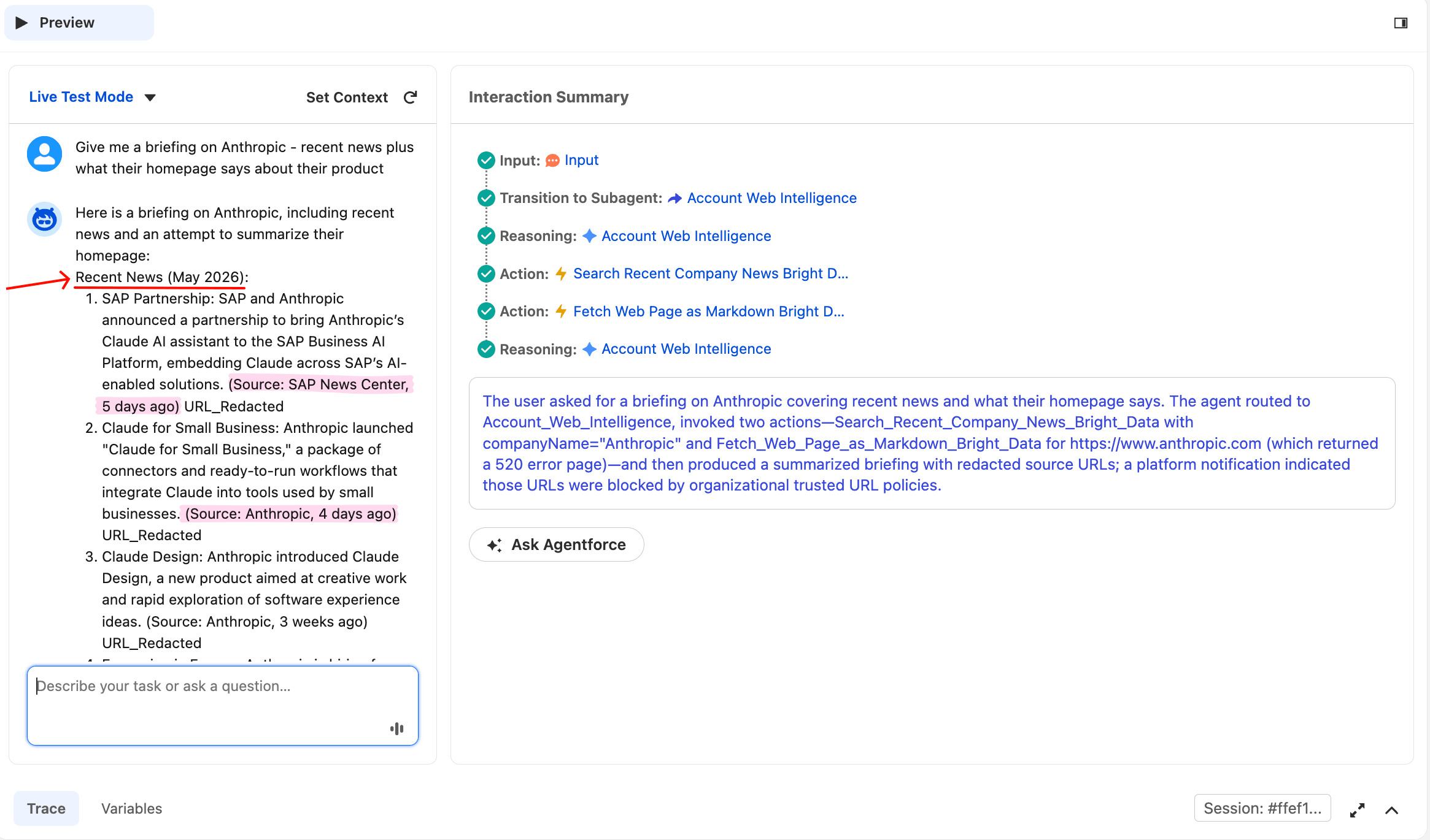 Agentforce Preview top half showing a briefing on Anthropic with five themed news items including SAP Partnership, Claude for Small Business, Claude Design, and Financial Services launches. All sources cited (SAP News Center, Anthropic, CNBC). The Interaction Summary on the right shows both actions invoked: Search Recent Company News Bright Data AND Fetch Web Page as Markdown Bright Data. Source URLs in the response show as URL_Redacted