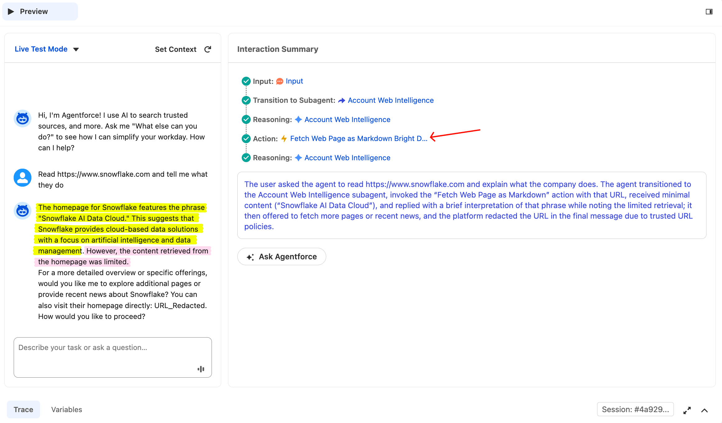 Agentforce Preview showing the prompt 'Read https://www.snowflake.com and tell me what they do' answered with a two-sentence overview of Snowflake as the AI Data Cloud, followed by an honest qualification that the content retrieved was limited. The Interaction Summary on the right shows only one action: Fetch Web Page as Markdown Bright Data. The URL in the response shows as URL_Redacted