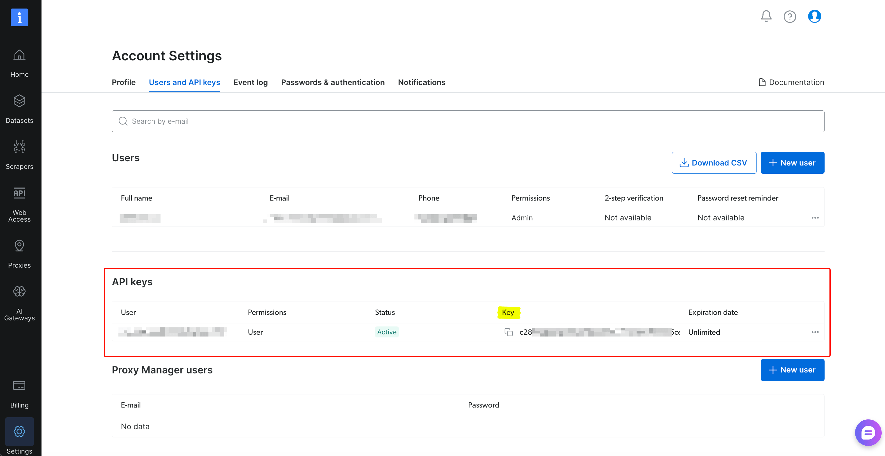 Bright Data Account Settings showing the API keys section with a key in Active status, User permission, and Unlimited expiration.