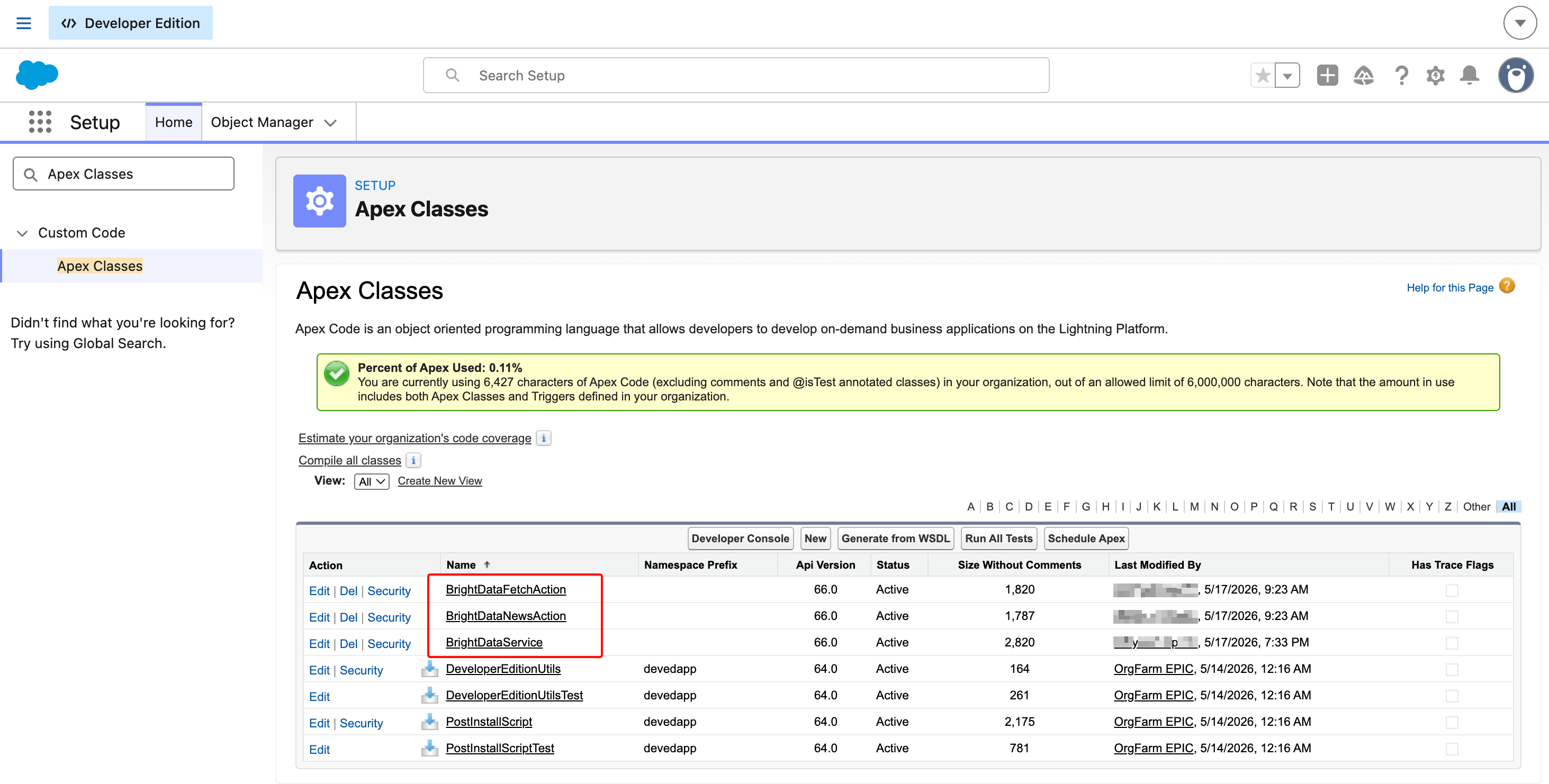 Salesforce Apex Classes list filtered to 'Bright', showing BrightDataFetchAction (1,820 chars, Active), BrightDataNewsAction (1,787 chars, Active), and BrightDataService (2,820 chars, Active), all at API Version 66.0