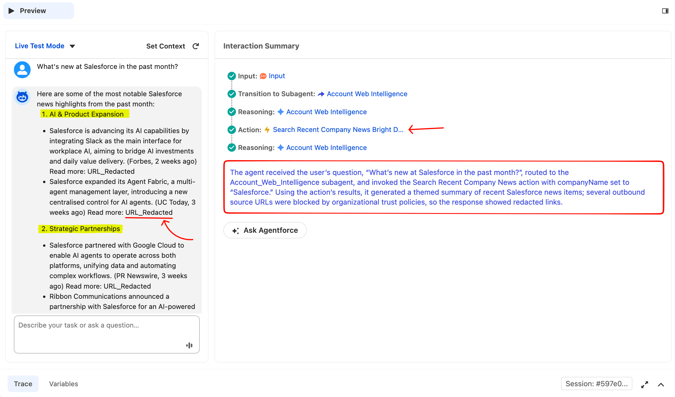 Agentforce Preview showing the prompt 'What's new at Salesforce in the past month?' answered with a themed news summary grouped under 'AI & Product Expansion' and 'Strategic Partnerships' with sources cited (Forbes, UC Today, PR Newswire). The Interaction Summary on the right shows Input → Transition to Subagent: Account Web Intelligence → Reasoning → Action: Search Recent Company News Bright Data → Reasoning. Source URLs in the response show as URL_Redacted