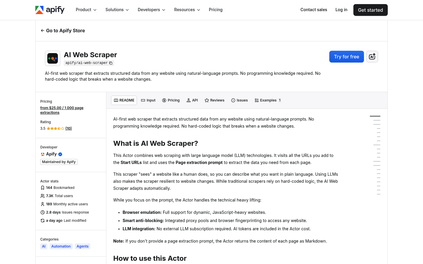 Screenshot of the Apify AI Web Scraper actor page showing the no-code, natural language-driven scraping tool on the Apify platform.