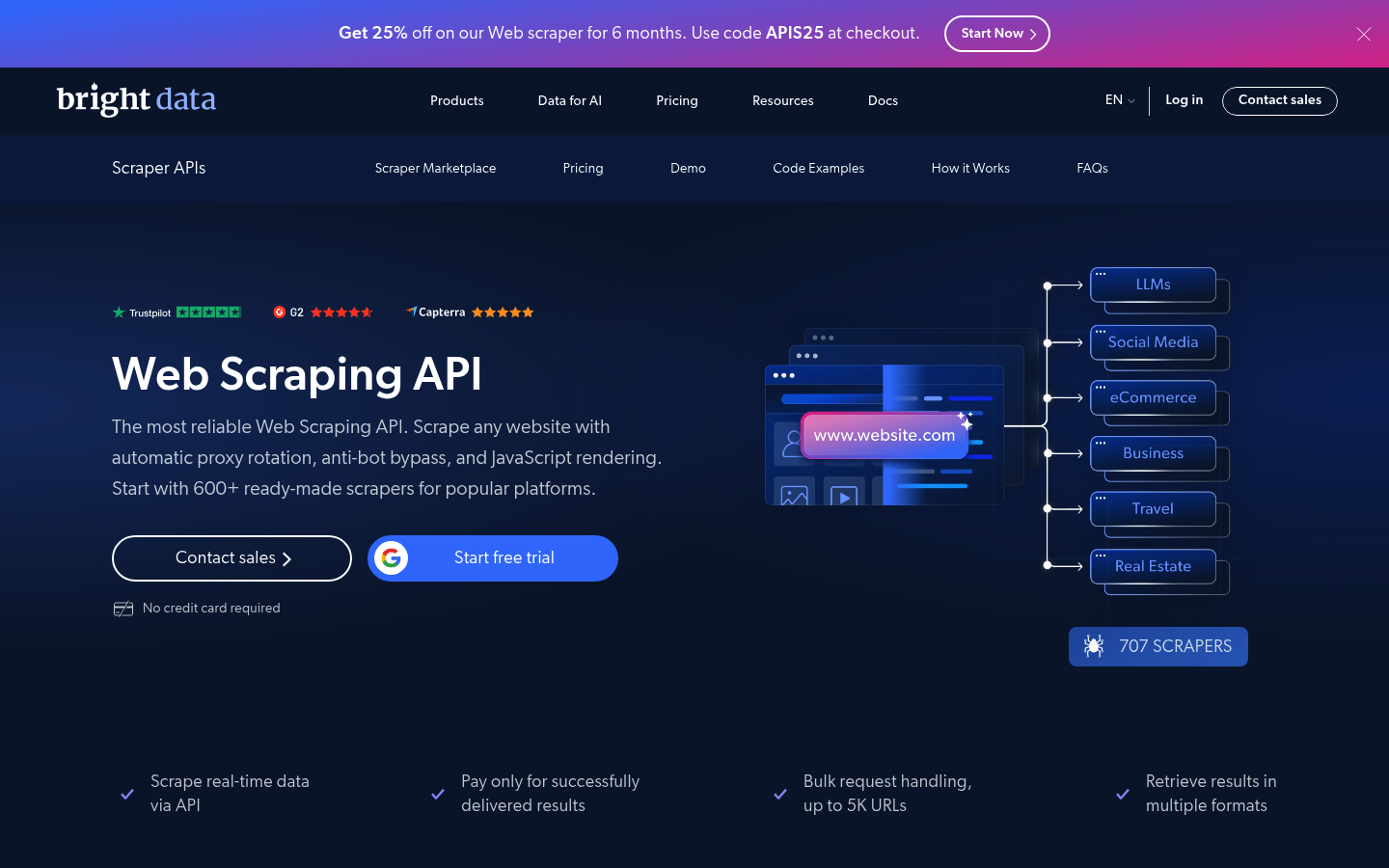 Screenshot of Bright Data's Web Scraper product page showing the platform's AI-powered web data collection tools and infrastructure.