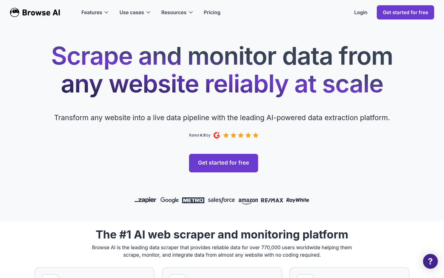 Screenshot of the Browse AI no-code web scraping platform homepage showing its visual interface and automation features.