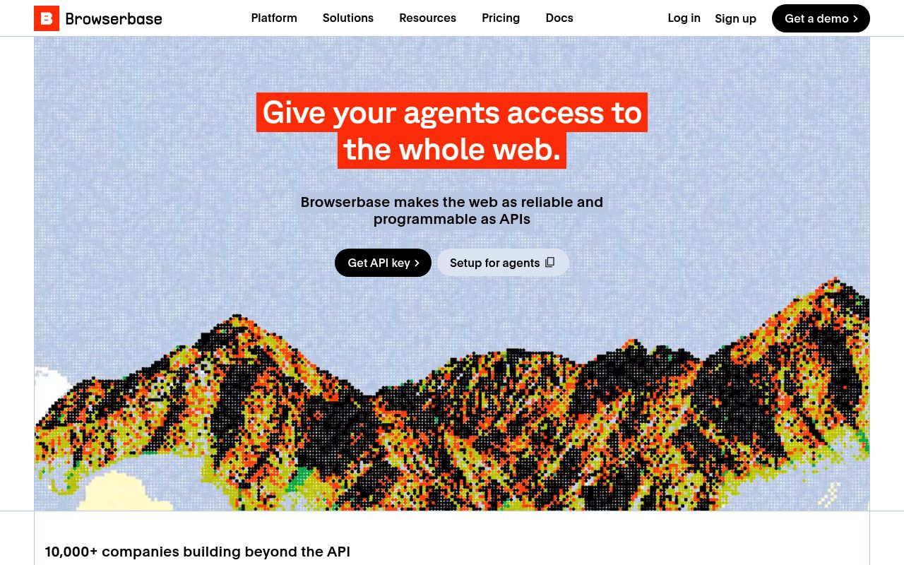 Screenshot of the Browserbase cloud headless browser platform homepage showing its AI agent infrastructure and stealth browser features.