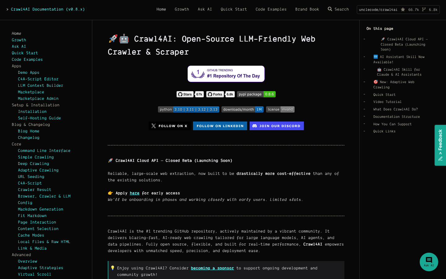 Screenshot of the Crawl4AI open-source web scraping library homepage showing its documentation and key features.