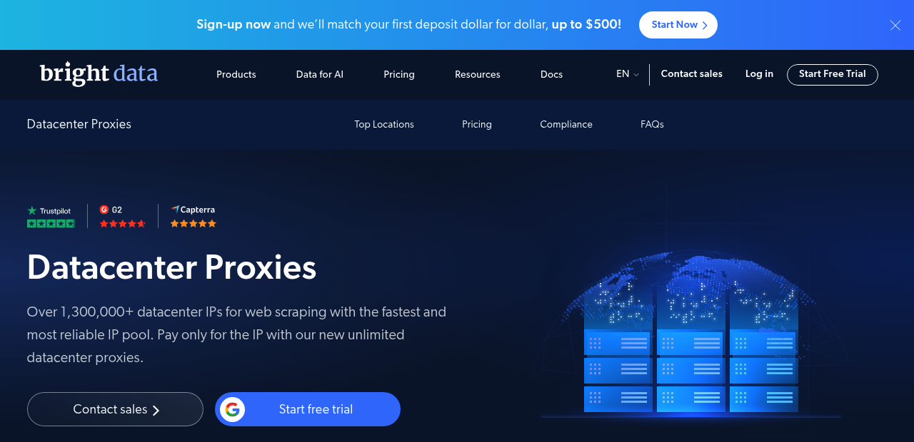 Datacenter Proxies page on Bright Data's website