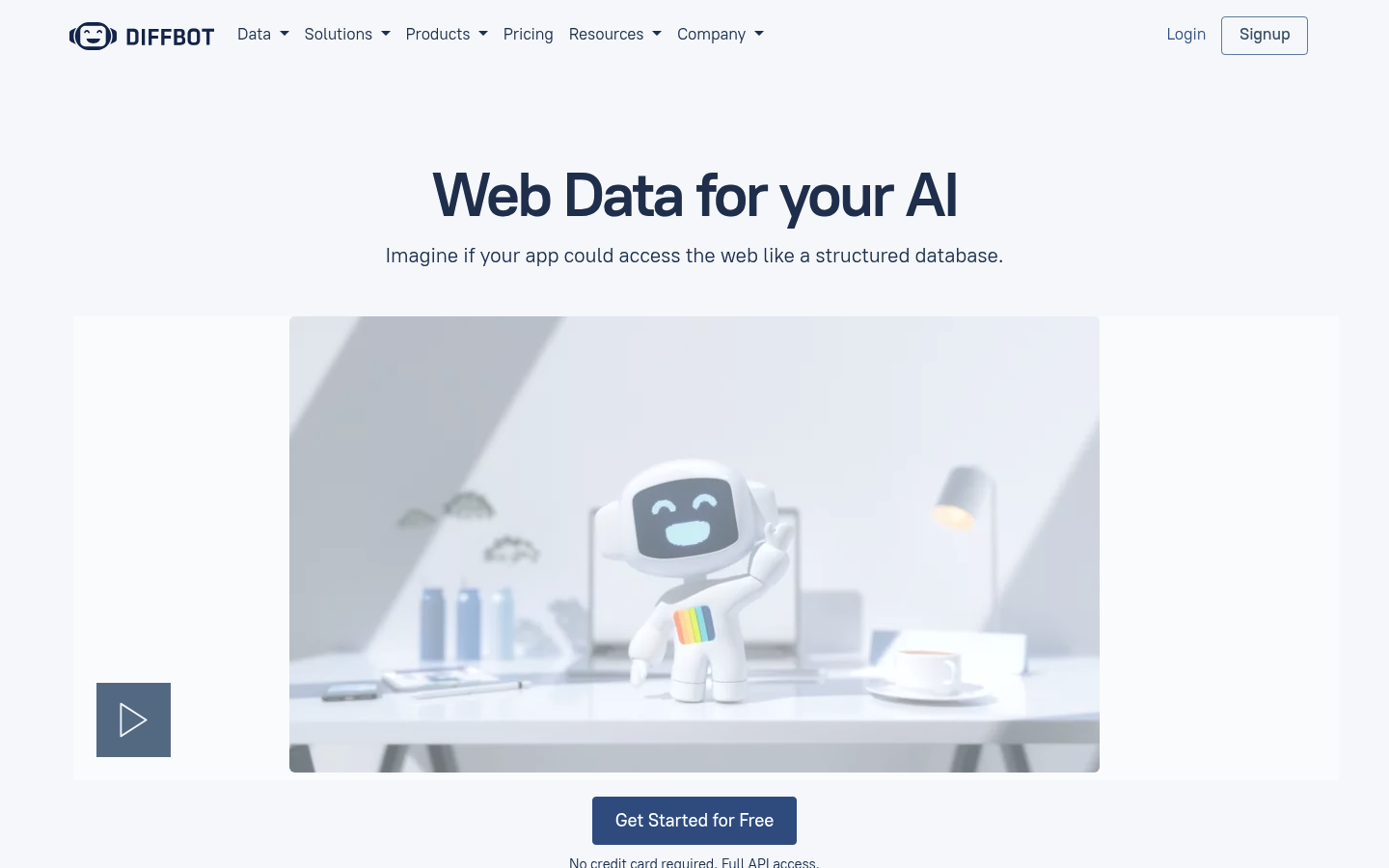 Screenshot of the Diffbot homepage showing its AI-powered web data extraction platform and Knowledge Graph product.