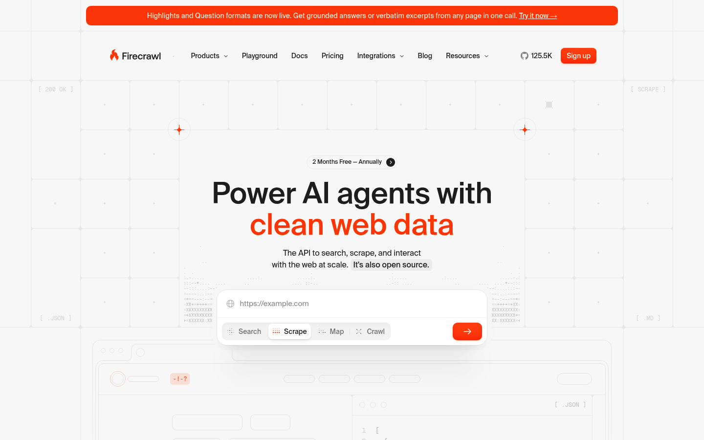 Screenshot of the Firecrawl homepage showing the developer-focused AI web scraping API platform with its pricing and feature overview.