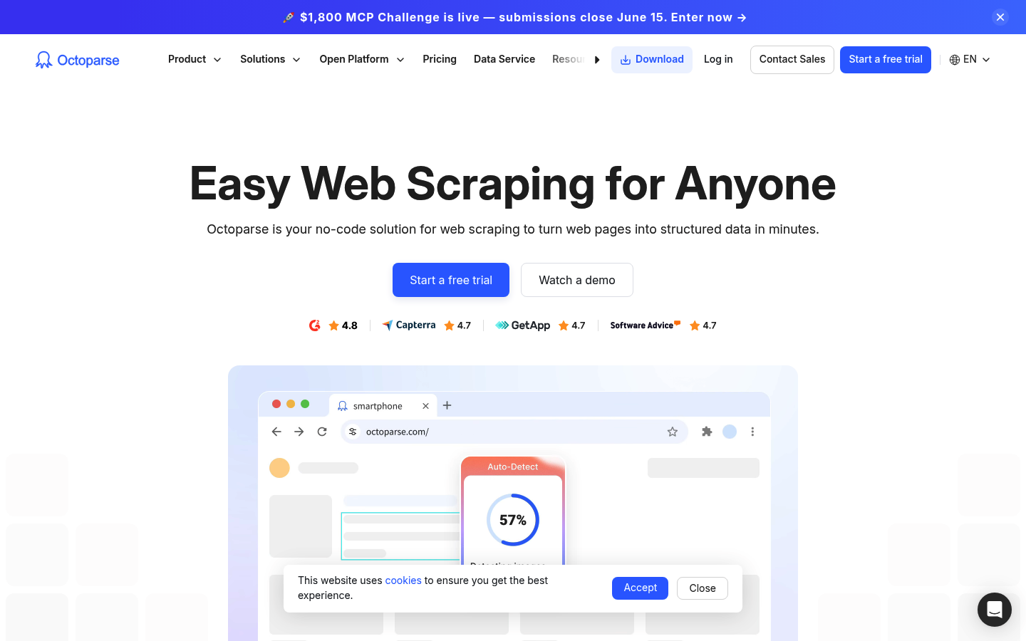 Screenshot of the Octoparse no-code web scraping platform homepage showing its visual interface and cloud extraction features.