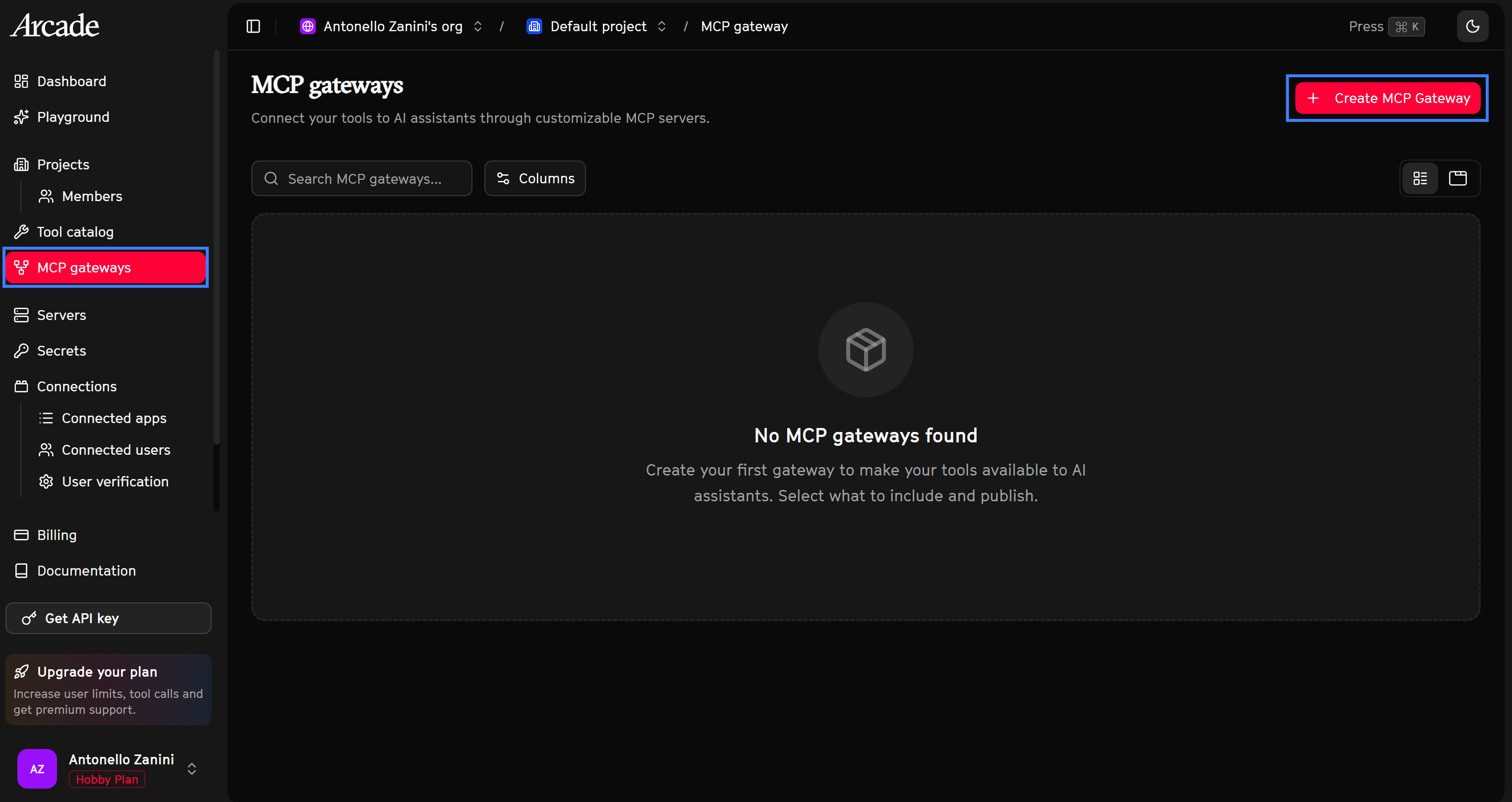 The “MCP gateways” page in the Arcade dashboard