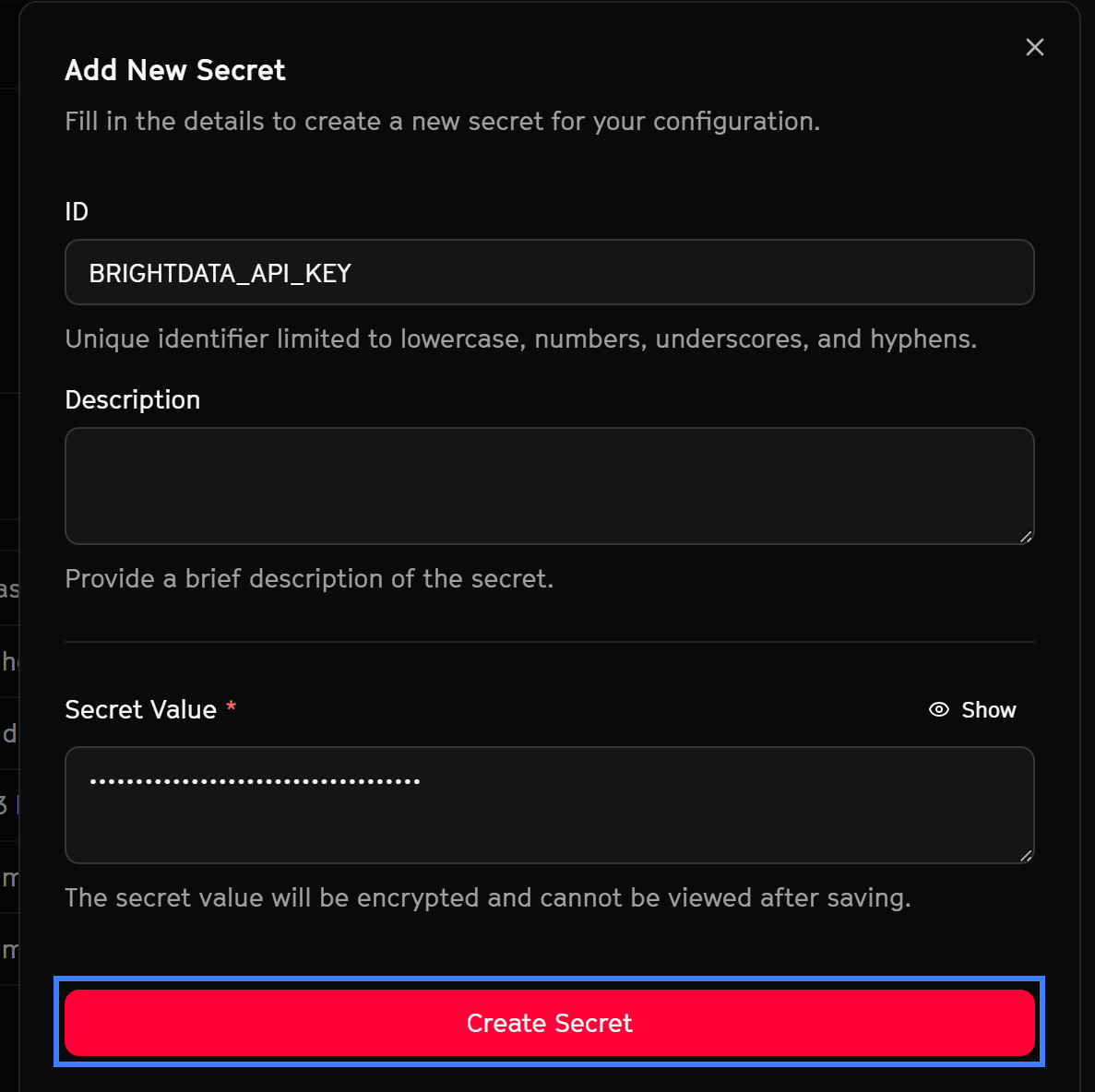 Defining the BRIGHTDATA_API_KEY secret in Arcade