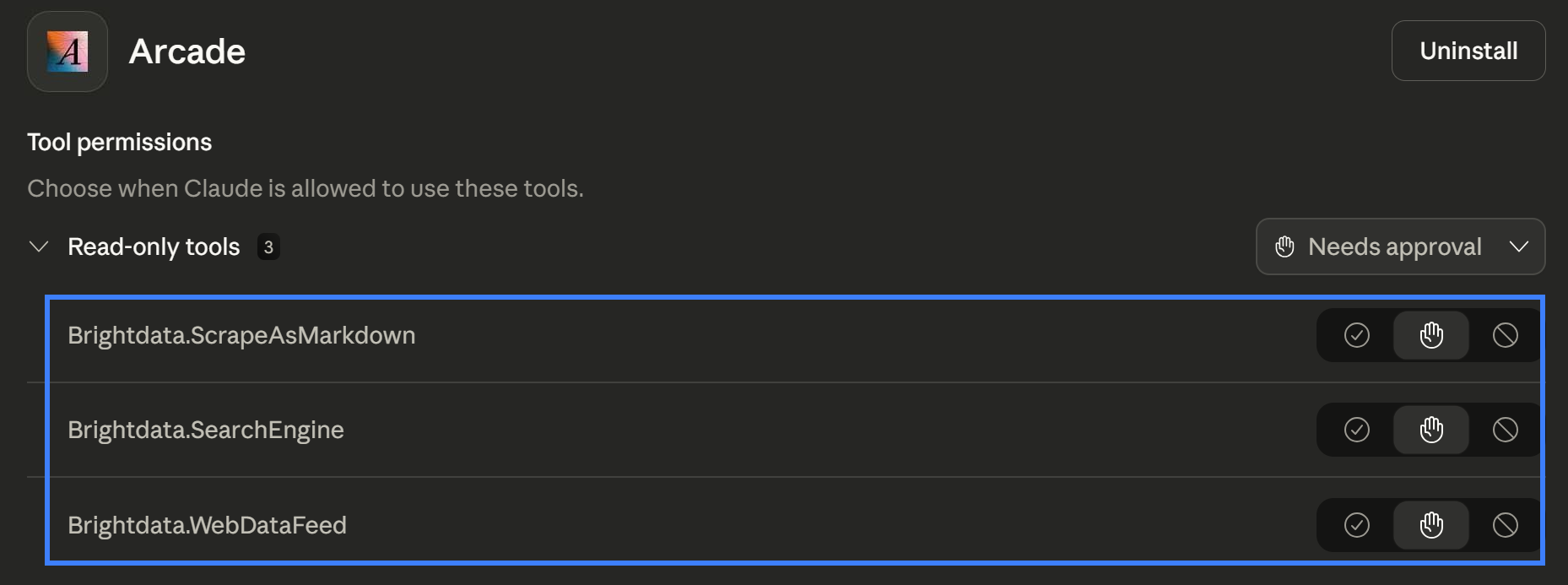 The tools exposed by Bright Data via the Arcade connector