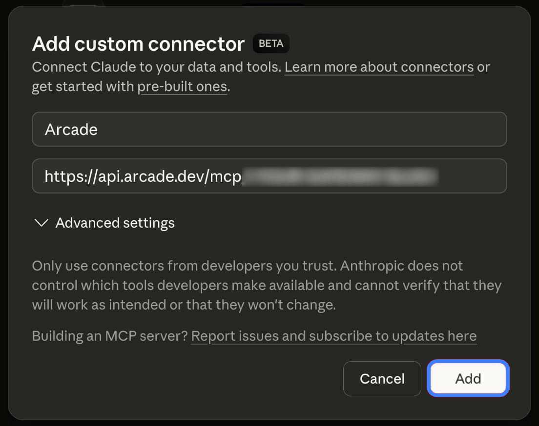 Configuring the Arcade custom connector