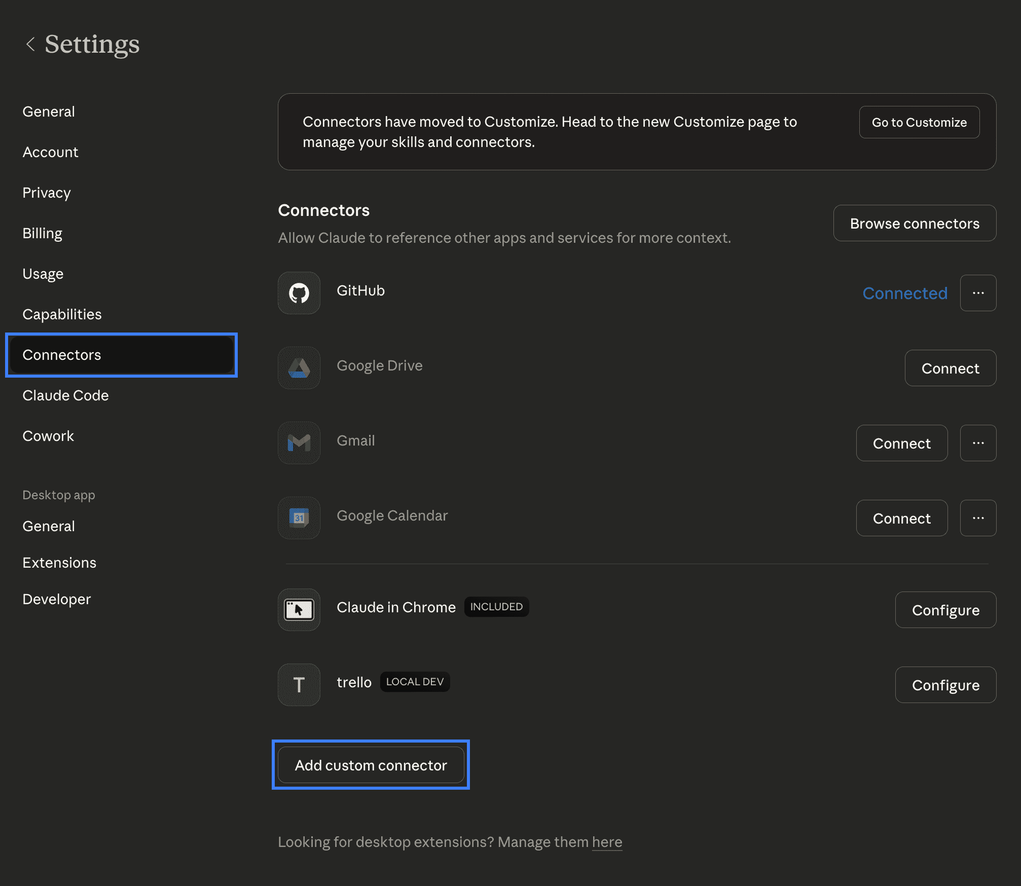 Pressing the “Add custom connector” button