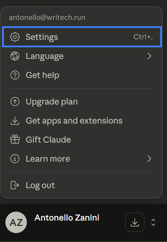 Selecting the “Settings” option