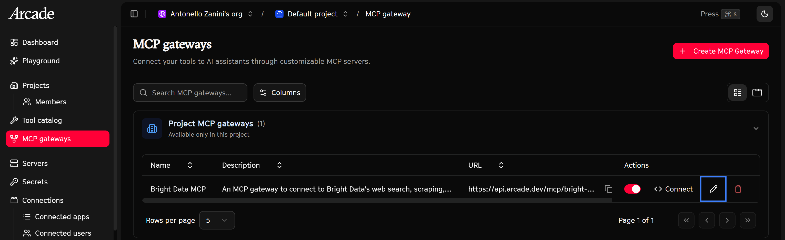 Clicking the “Edit” button on the “Bright Data MCP” entry