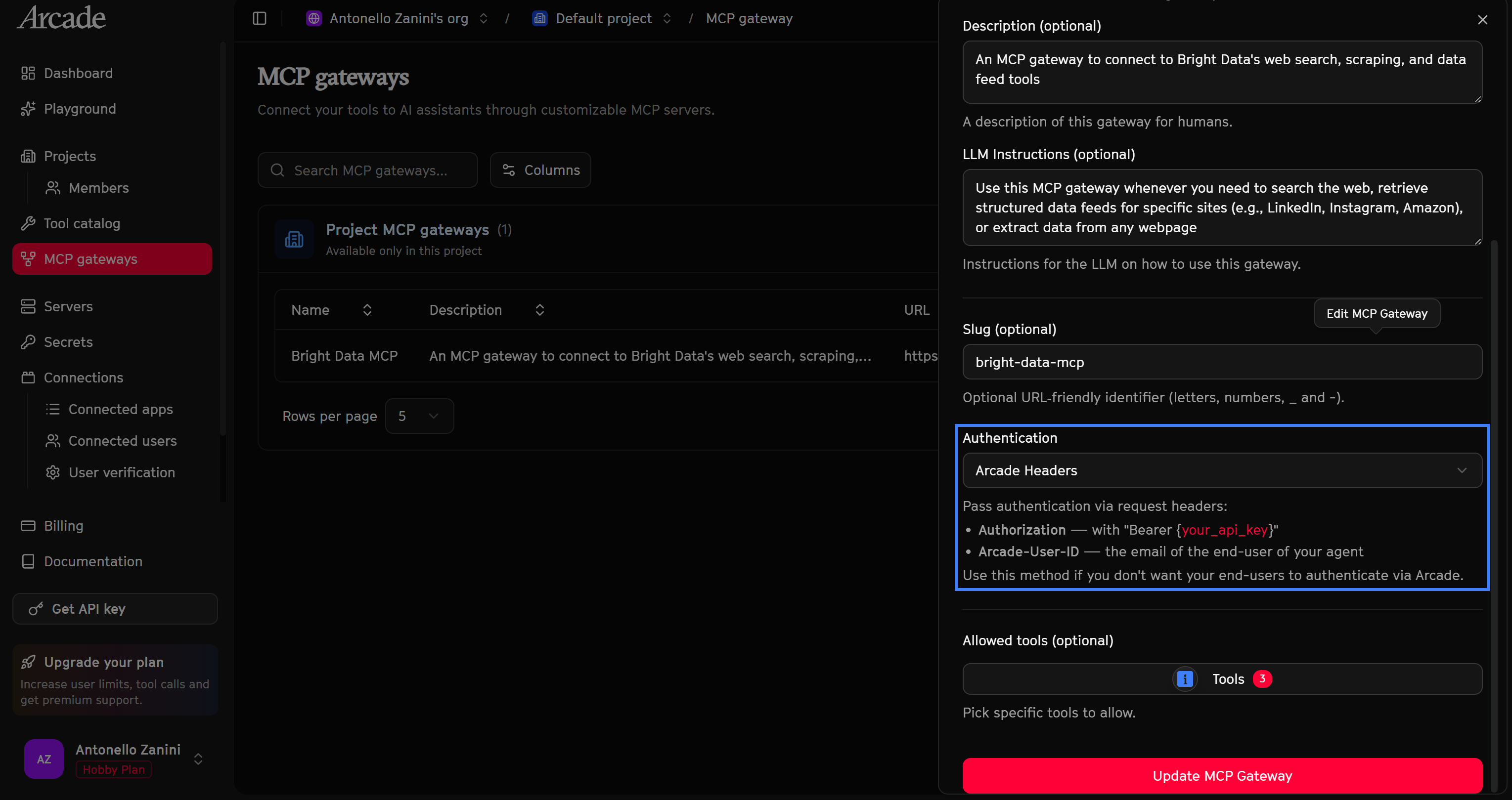 Setting the “Arcade Headers” authentication option