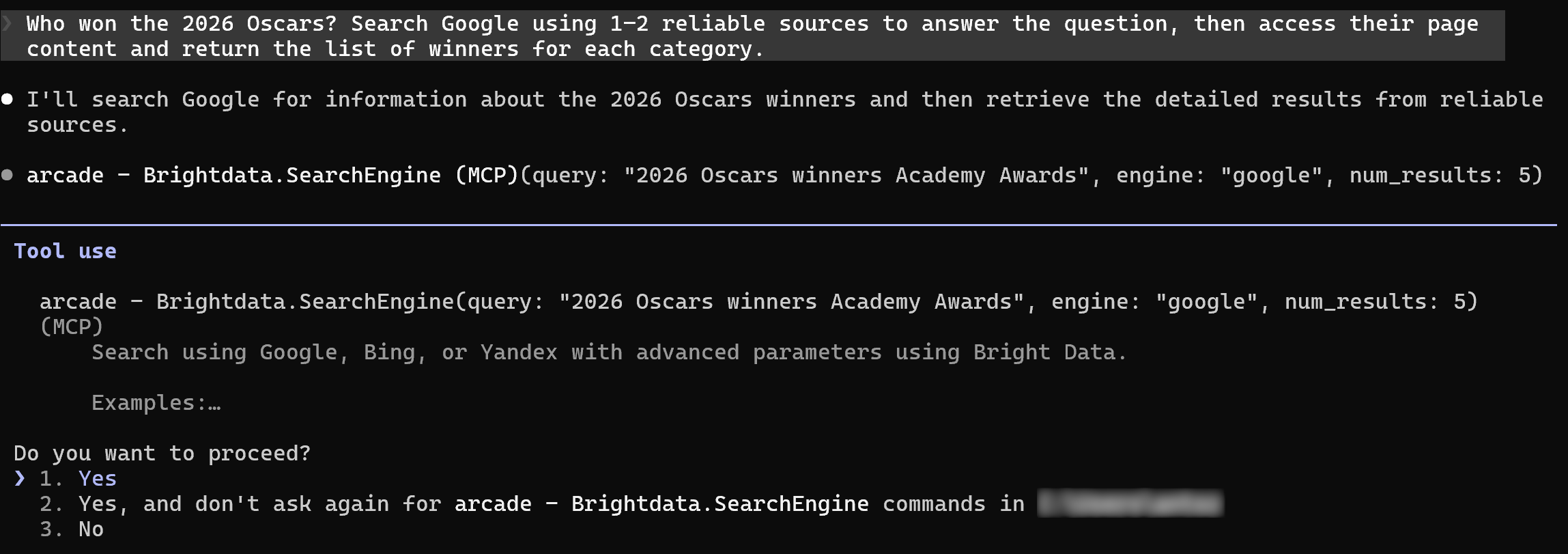 The Brightdata.SearchEngine tool execution