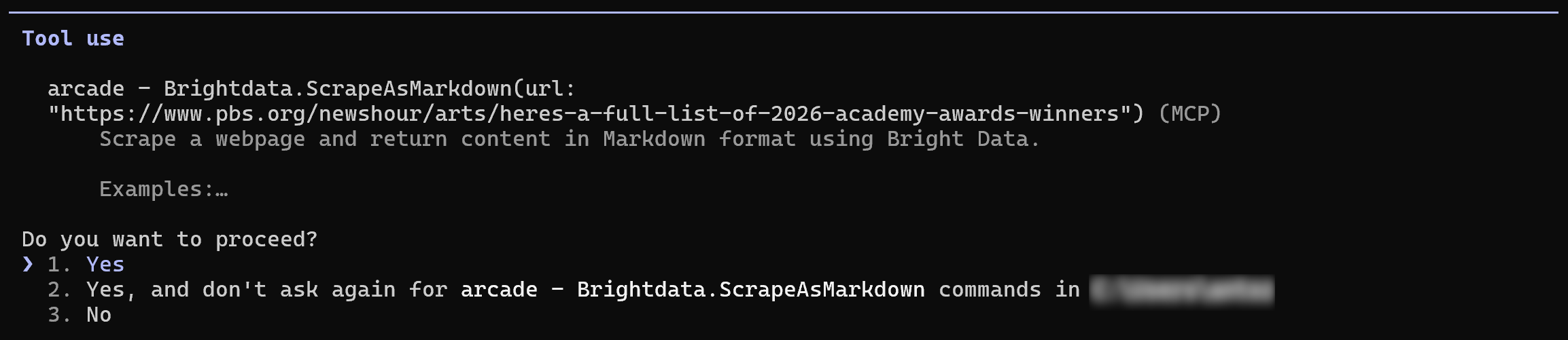 The Brightdata.ScrapeAsMarkdown tool execution