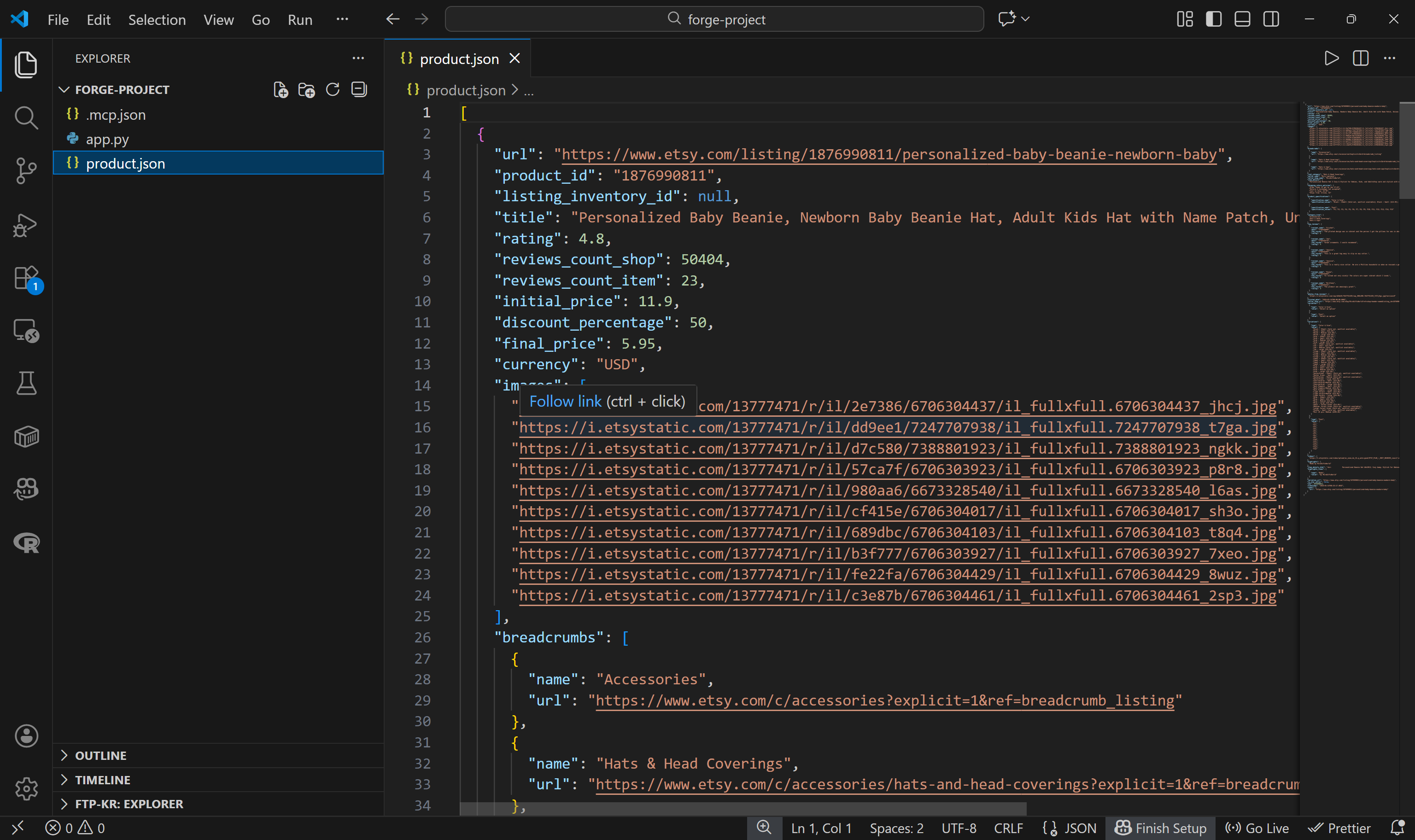 Note the structured product data in the product.json file