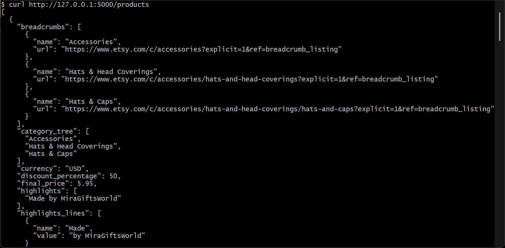 Note the product data returned by the endpoint
