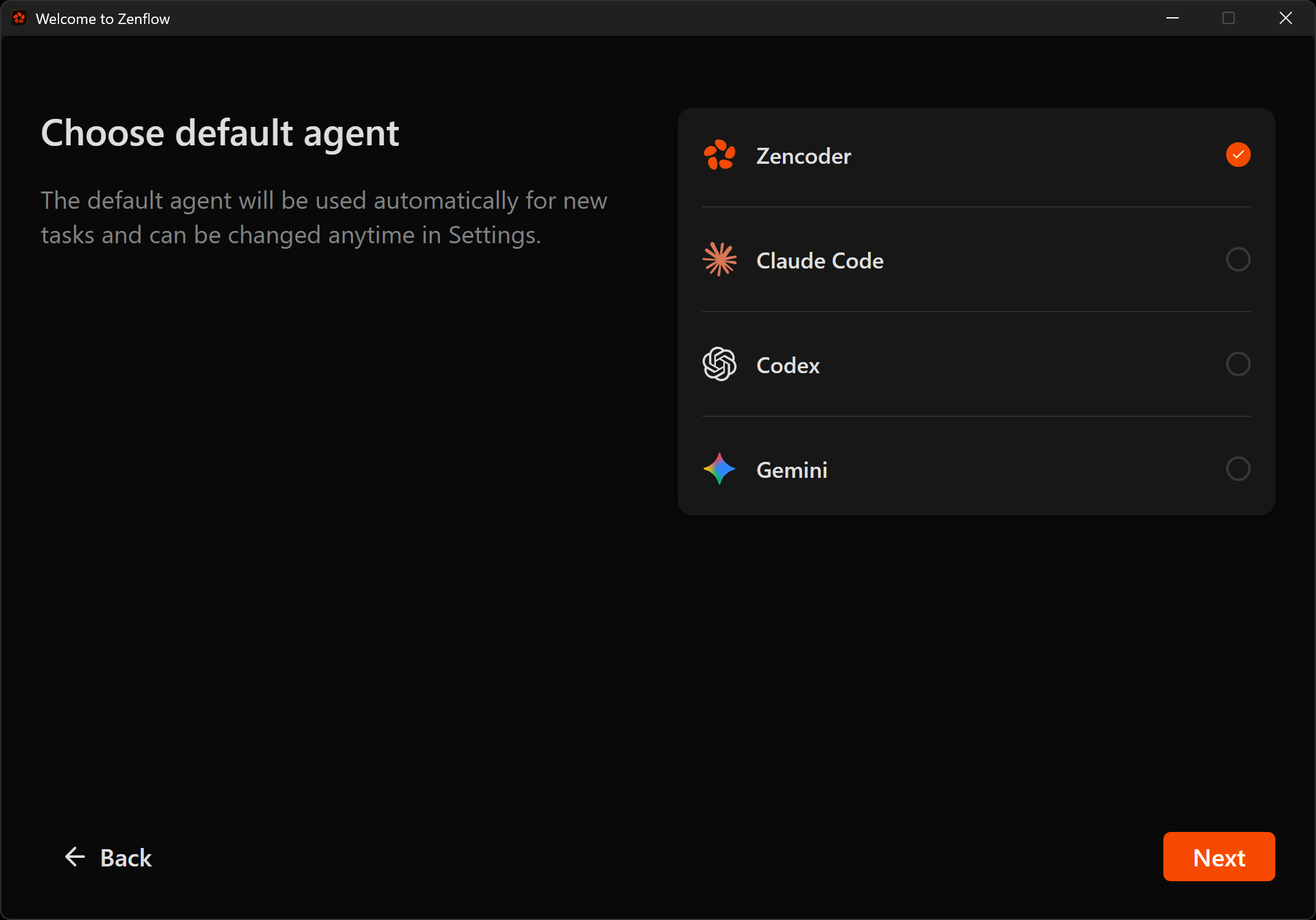 Select the default Zencoder AI agent