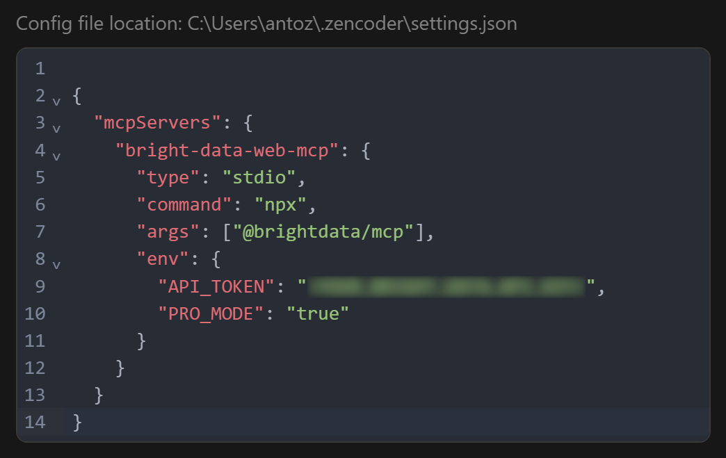 Editing the “~/.zencoder/settings.json” file in the Zenflow UI