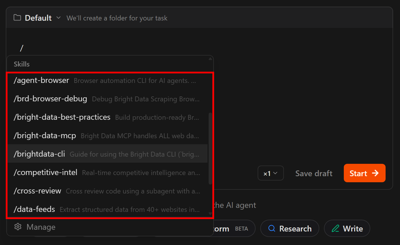 Note the Bright Data skills available as commands