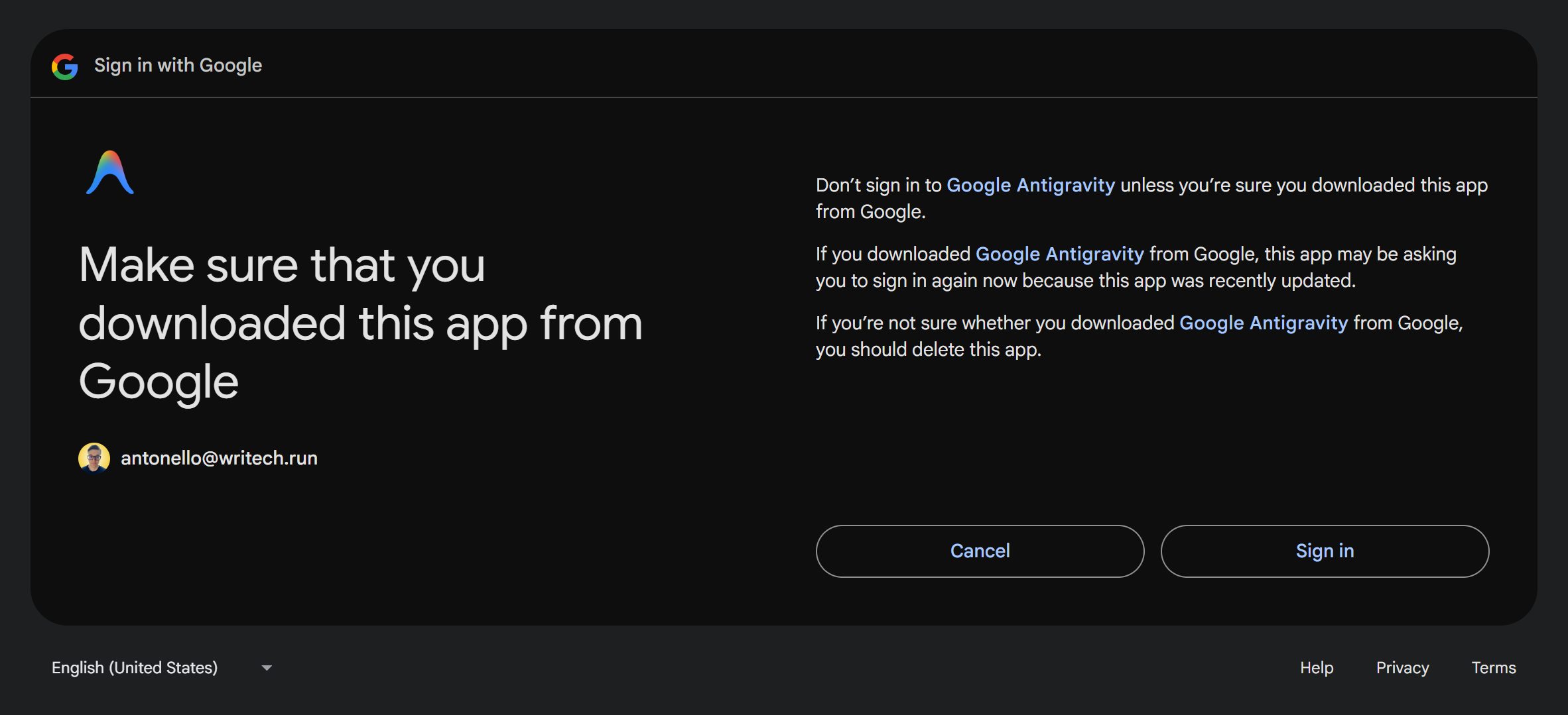 Signing in with your Google Account in Antigravity