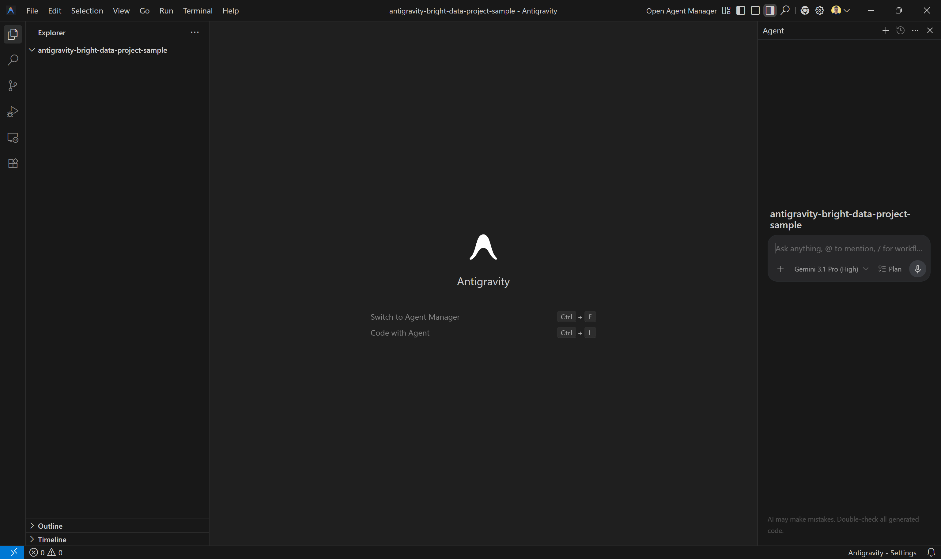 Opening the antigravity-bright-data-project-sample/ project folder