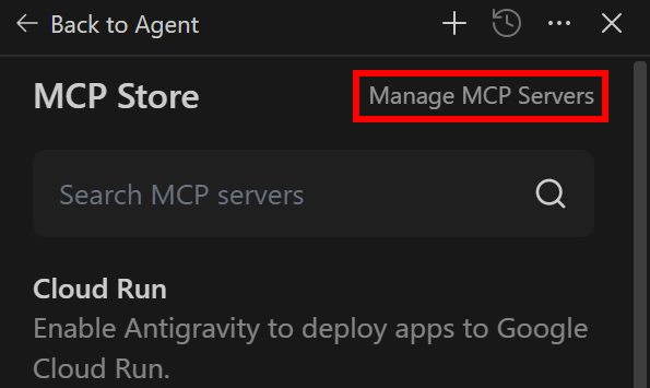 Pressing the “Manage MCP Servers” option