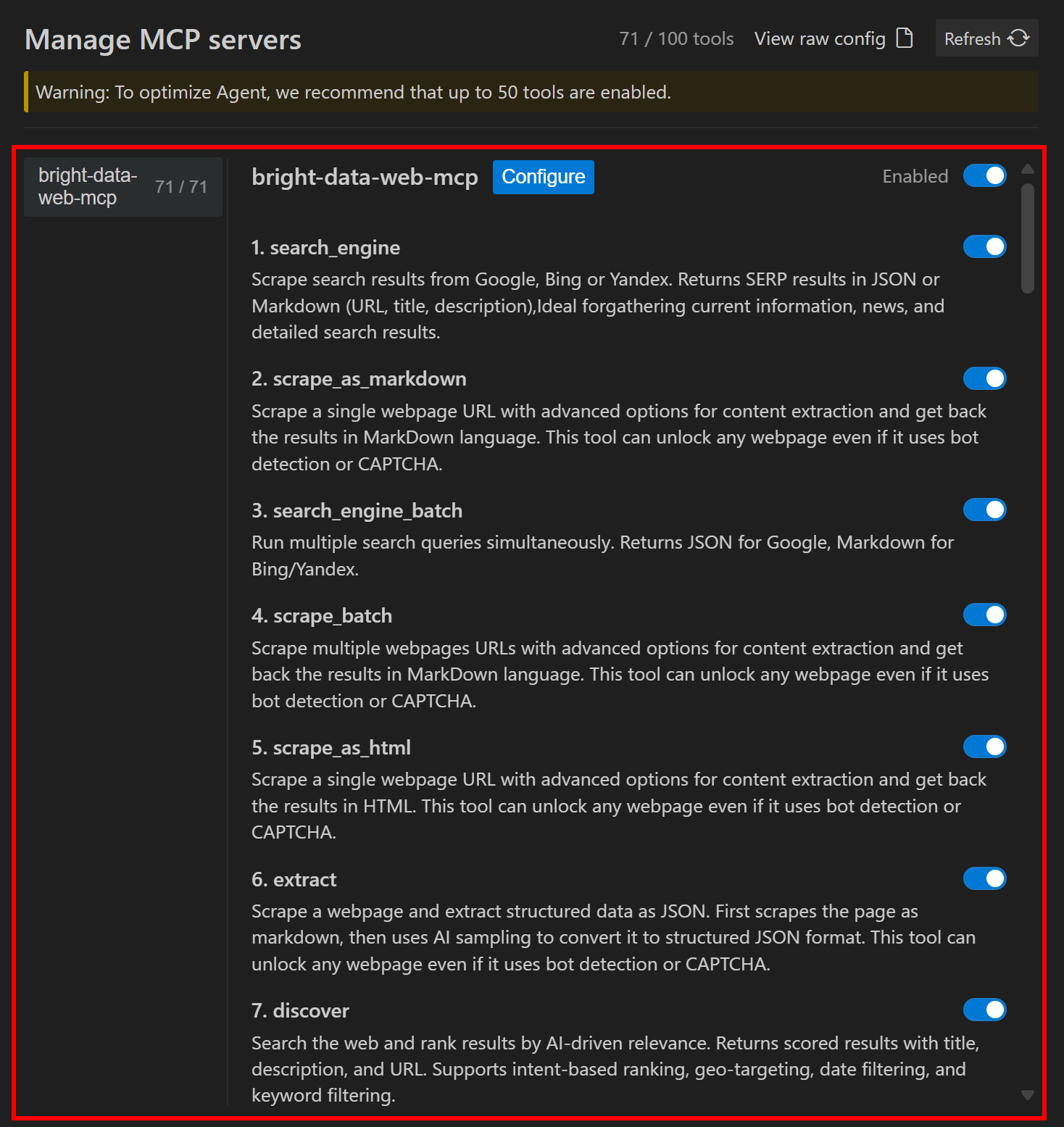 The Web MCP tools available in Google Antigravity