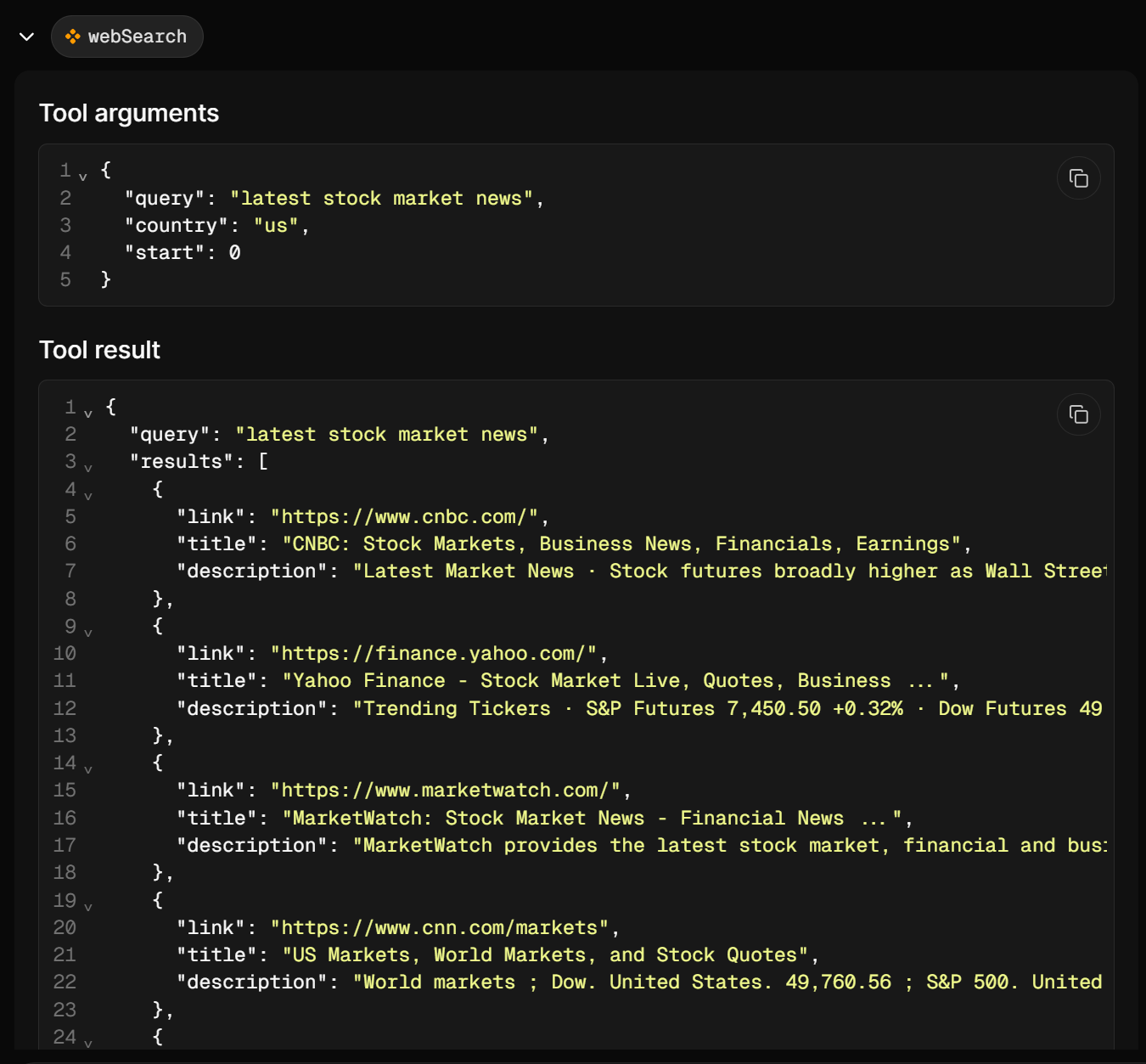 The JSON-structured results returned by the Bright Data “webSearch” tool
