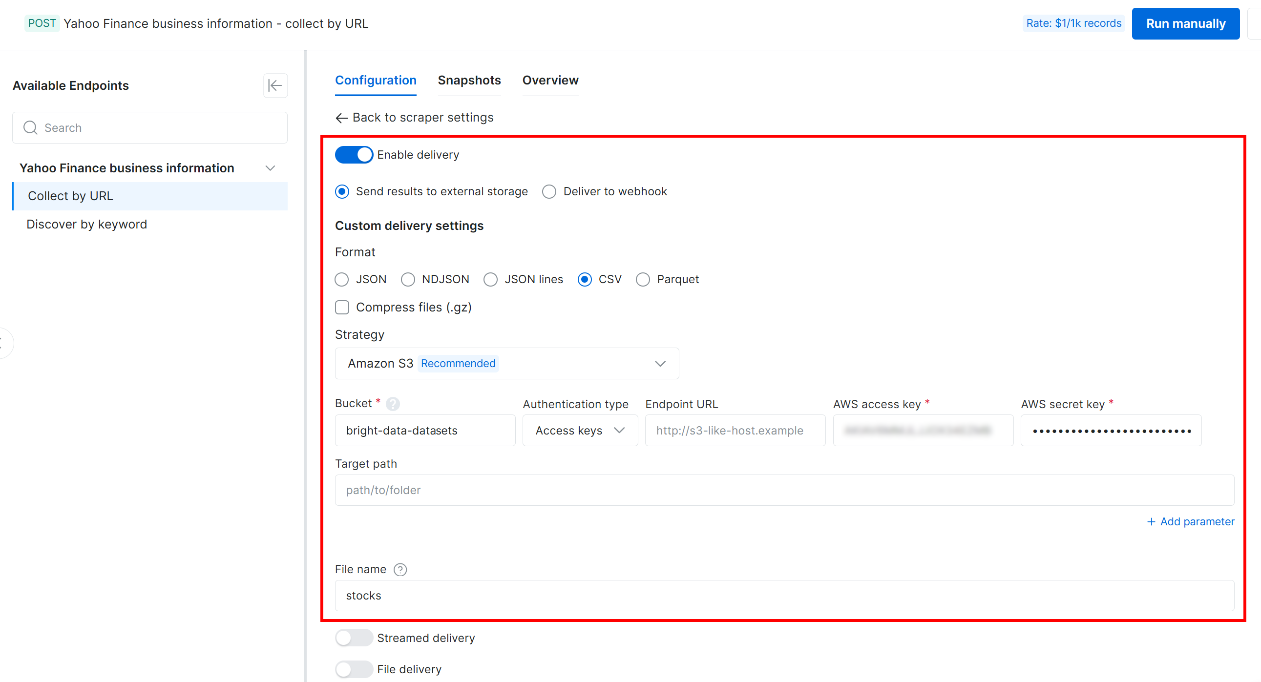 Configuring the data delivery to your Amazon S3 bucket