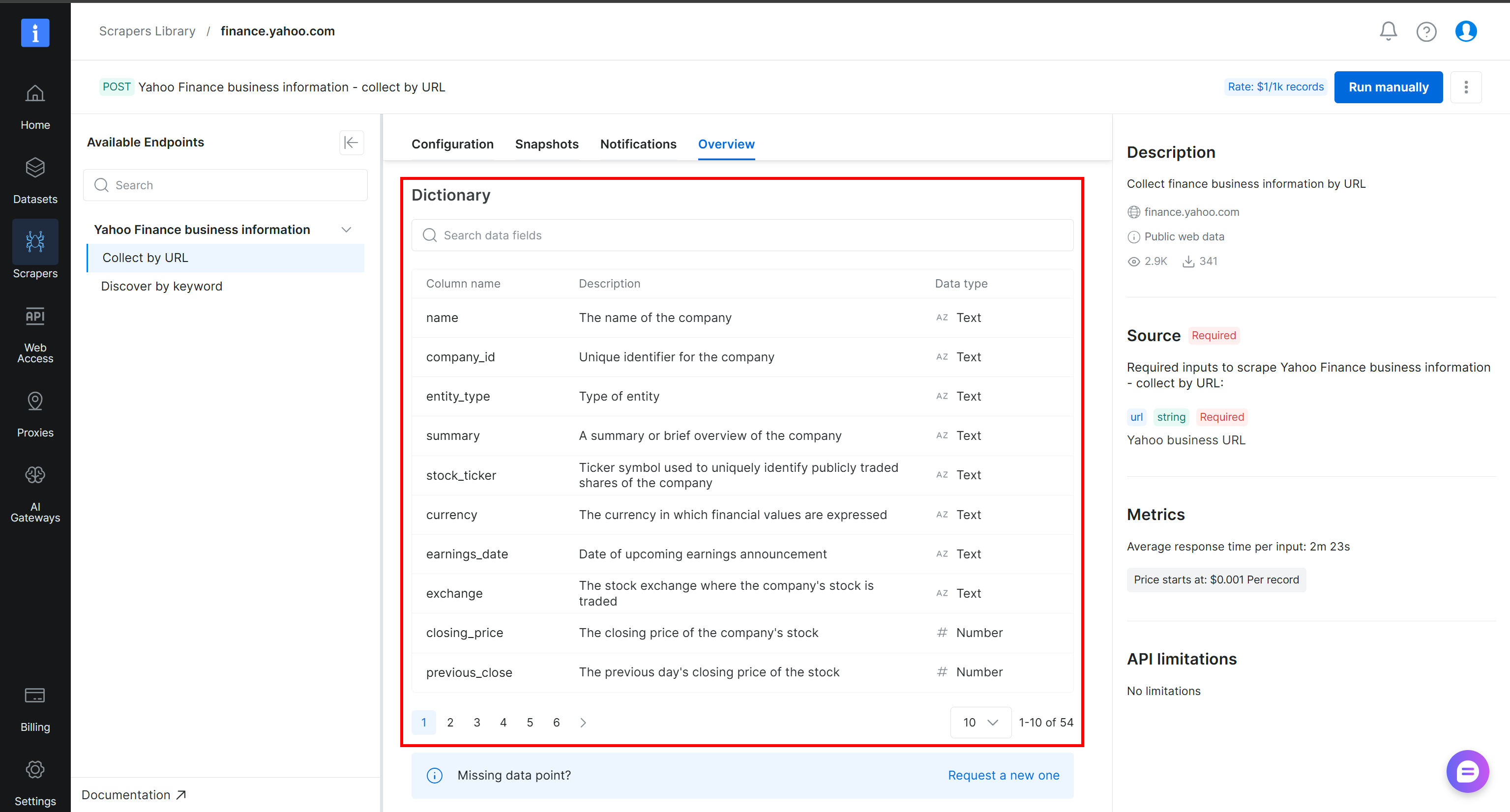 Note the descriptions for the columns in the resulting CSV