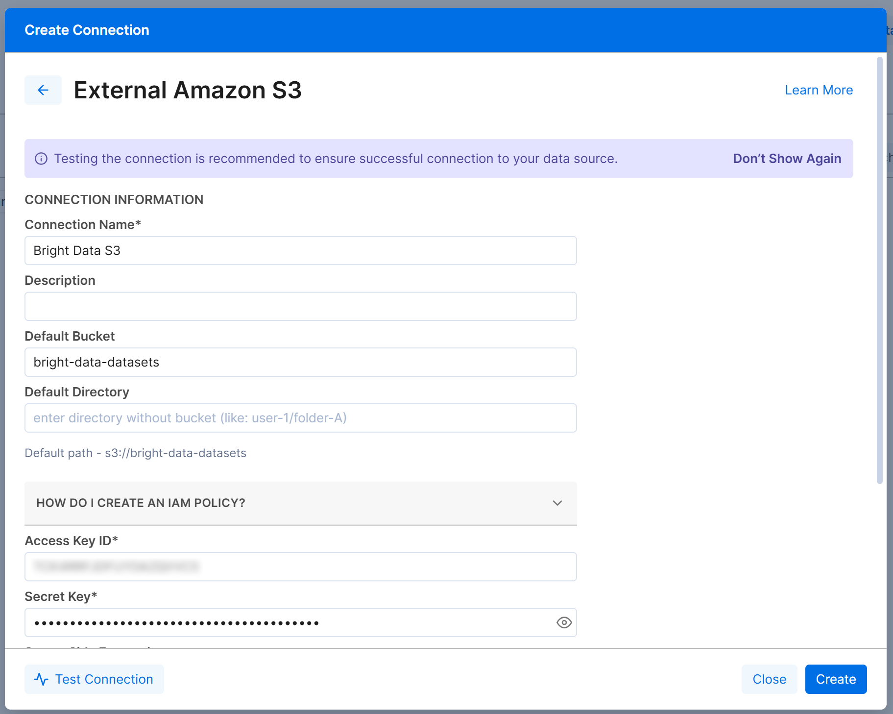 Filling out the “External Amazon S3” form